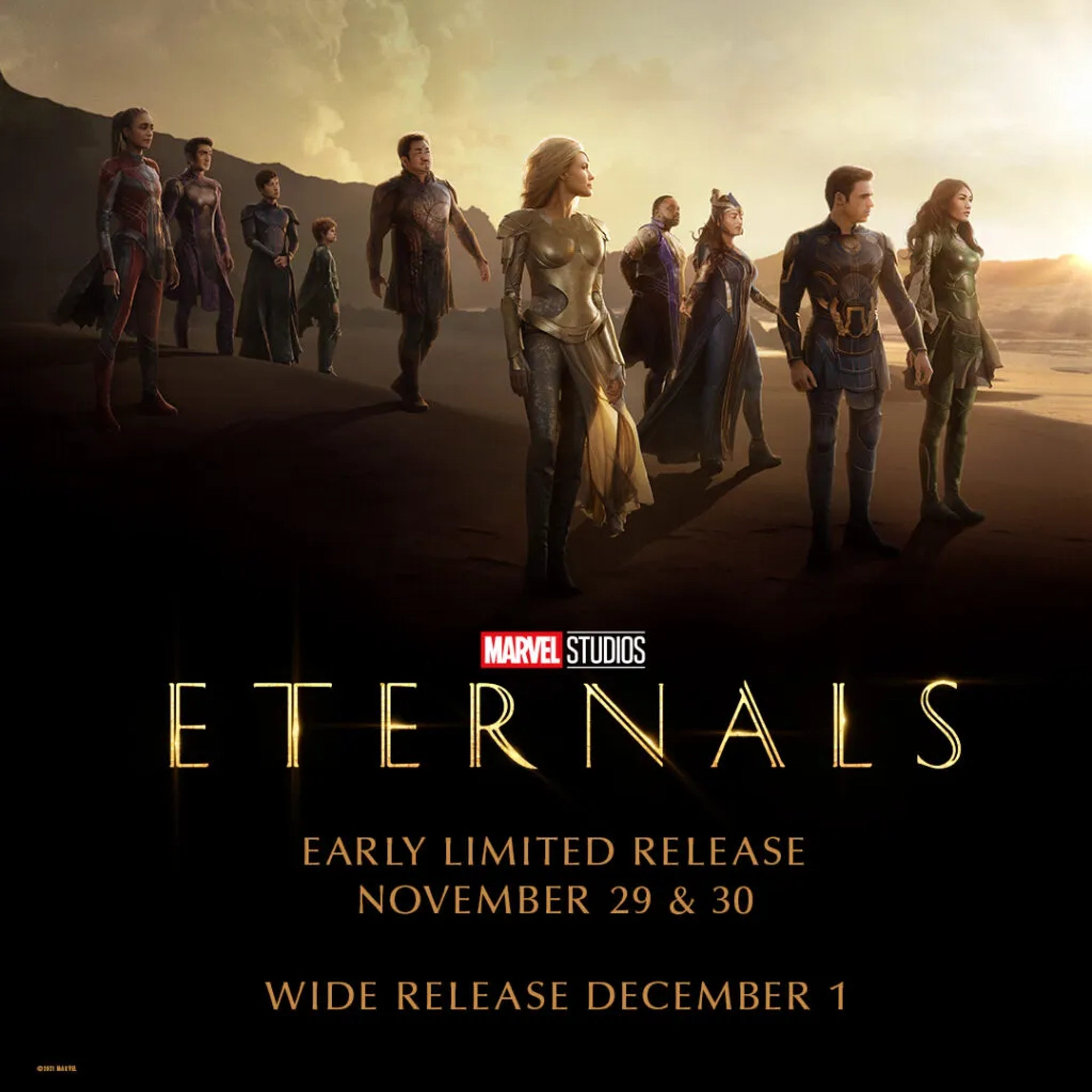 Salma Hayek, Angelina Jolie, Richard Madden, Bill Skarsgård, Gemma Chan, Ma Dong-seok, Brian Tyree Henry, Kumail Nanjiani, Lauren Ridloff, Barry Keoghan, and Lia McHugh in Eternals (2021)