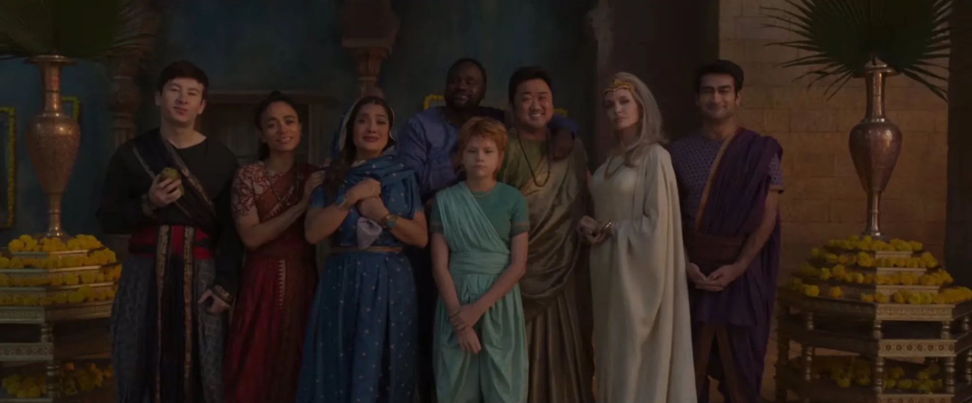 Salma Hayek, Angelina Jolie, Ma Dong-seok, Brian Tyree Henry, Kumail Nanjiani, Lauren Ridloff, Barry Keoghan, and Zain Al Rafeea in Eternals (2021)