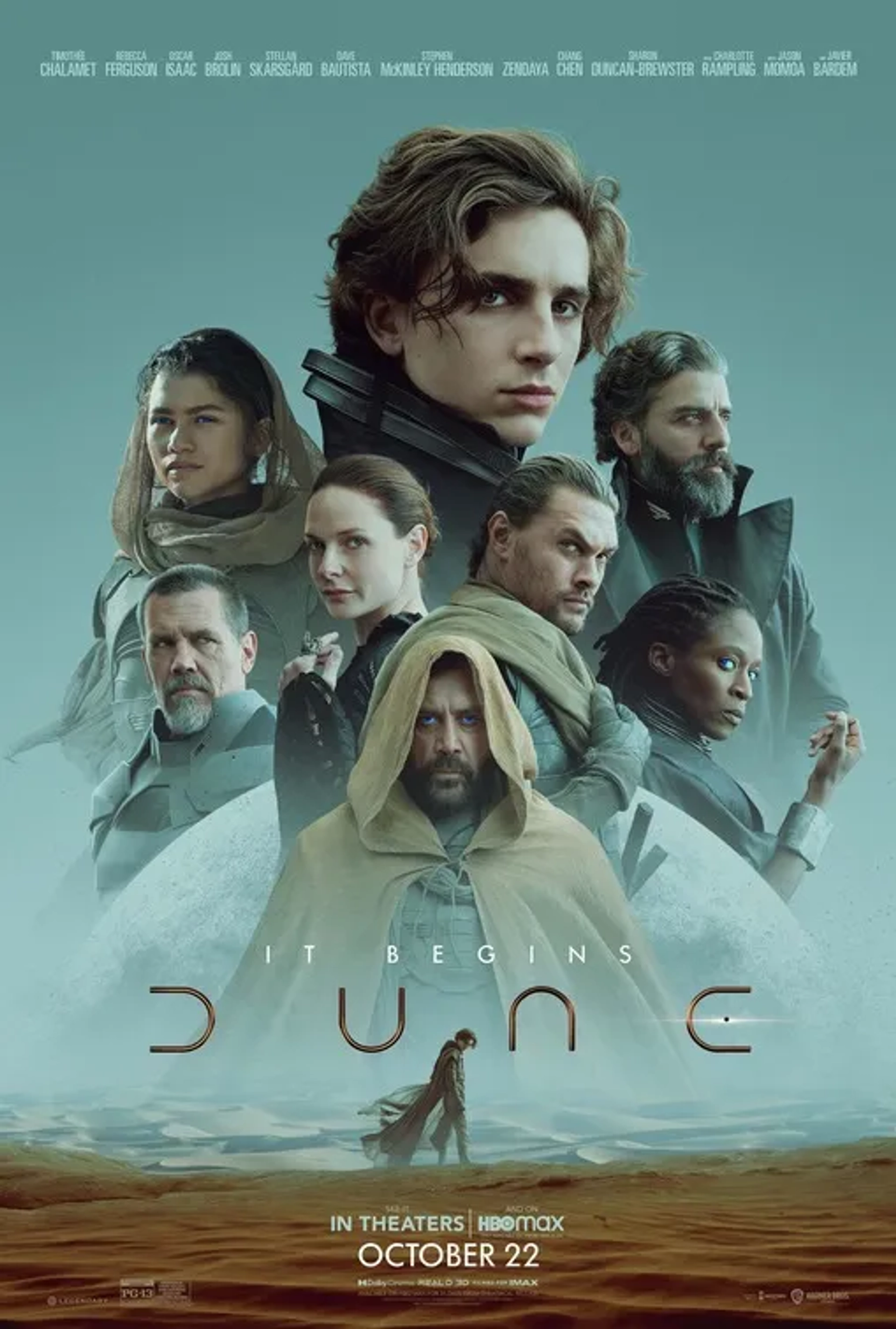 Javier Bardem, Josh Brolin, Rebecca Ferguson, Jason Momoa, Sharon Duncan-Brewster, Oscar Isaac, Timothée Chalamet, and Zendaya in Dune (2021)