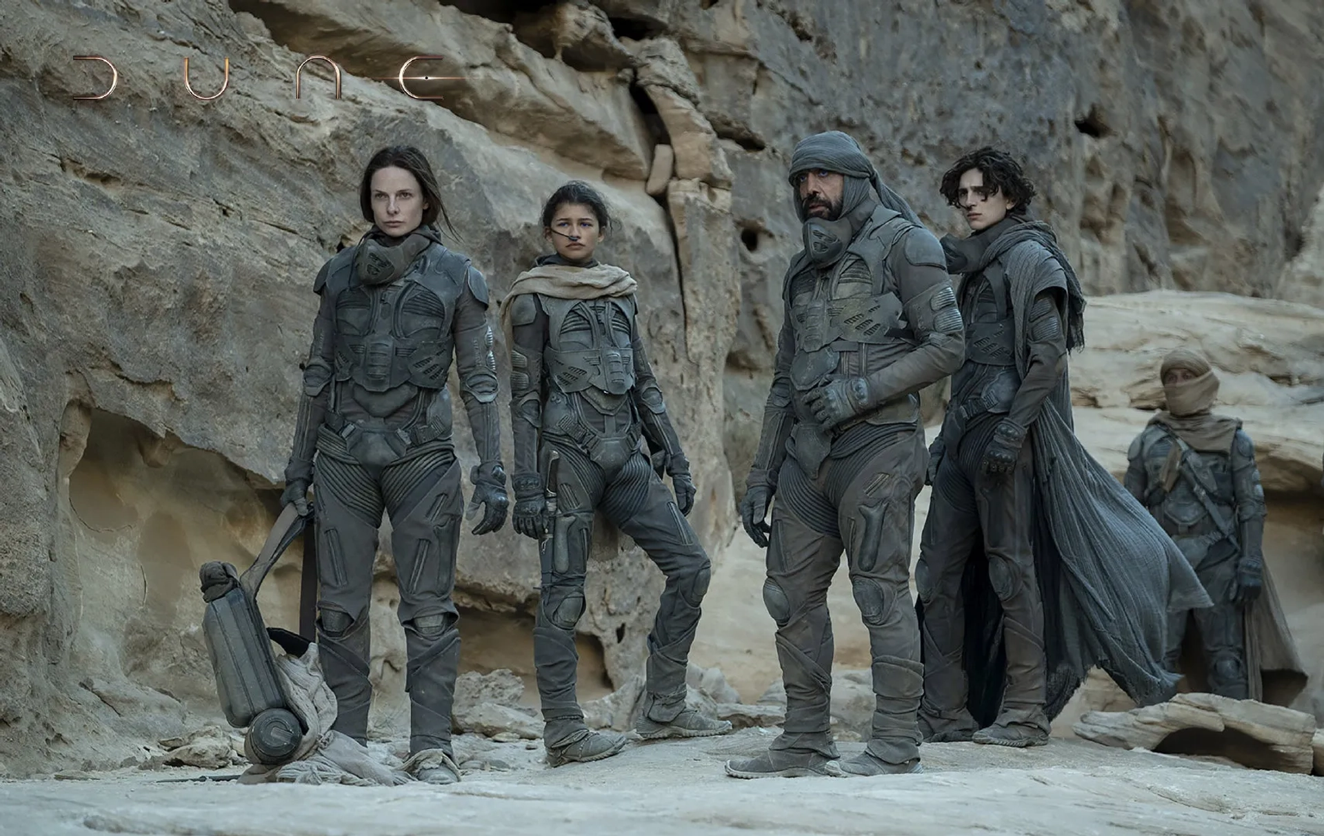 Javier Bardem, Rebecca Ferguson, Timothée Chalamet, and Zendaya in Dune (2021)