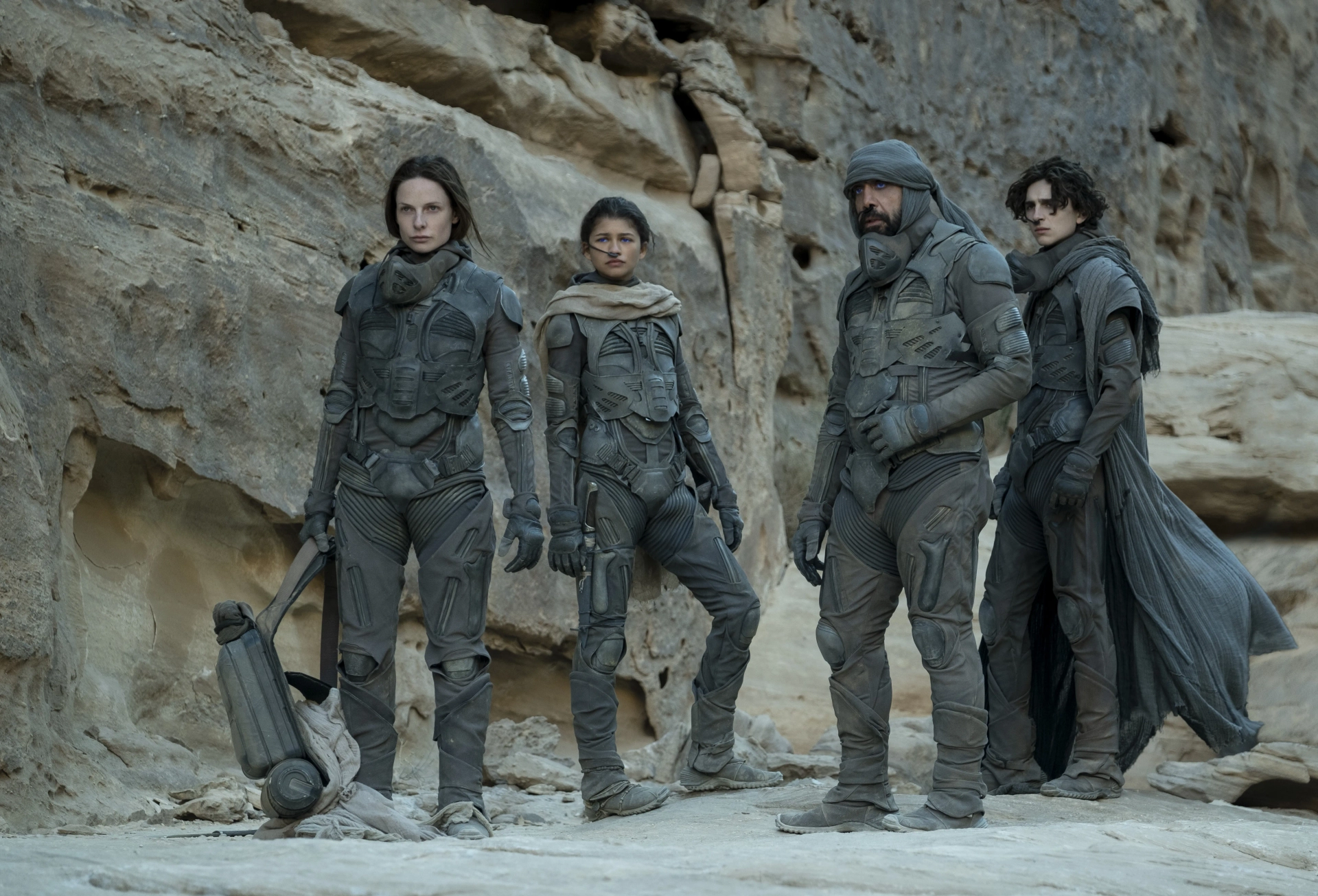 Javier Bardem, Rebecca Ferguson, Timothée Chalamet, and Zendaya in Dune (2021)