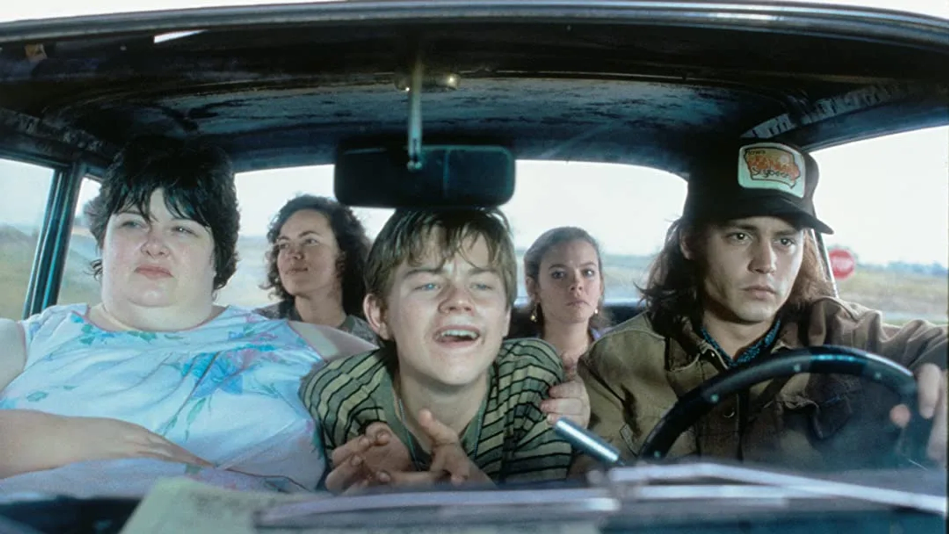 Johnny Depp, Leonardo DiCaprio, Darlene Cates, Laura Harrington, and Mary Kate Schellhardt in What's Eating Gilbert Grape (1993)