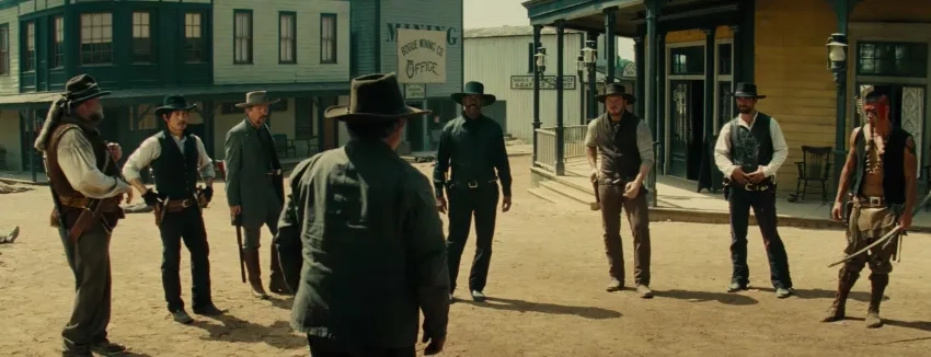 Ethan Hawke, Denzel Washington, Vincent D'Onofrio, Lee Byung-hun, Chris Pratt, Manuel Garcia-Rulfo, and Martin Sensmeier in The Magnificent Seven (2016)