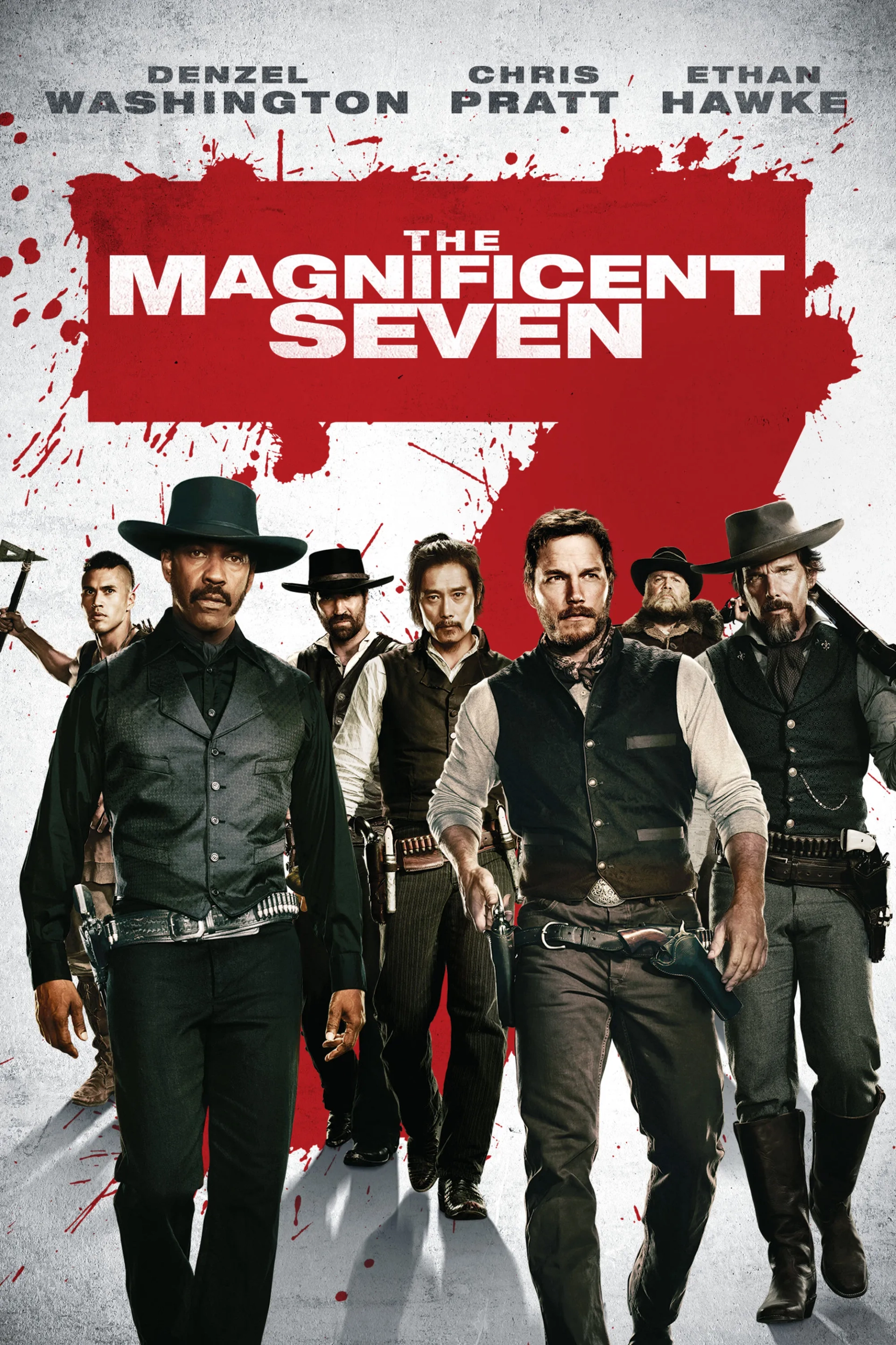 Ethan Hawke, Denzel Washington, Vincent D'Onofrio, Lee Byung-hun, Chris Pratt, Manuel Garcia-Rulfo, and Martin Sensmeier in The Magnificent Seven (2016)