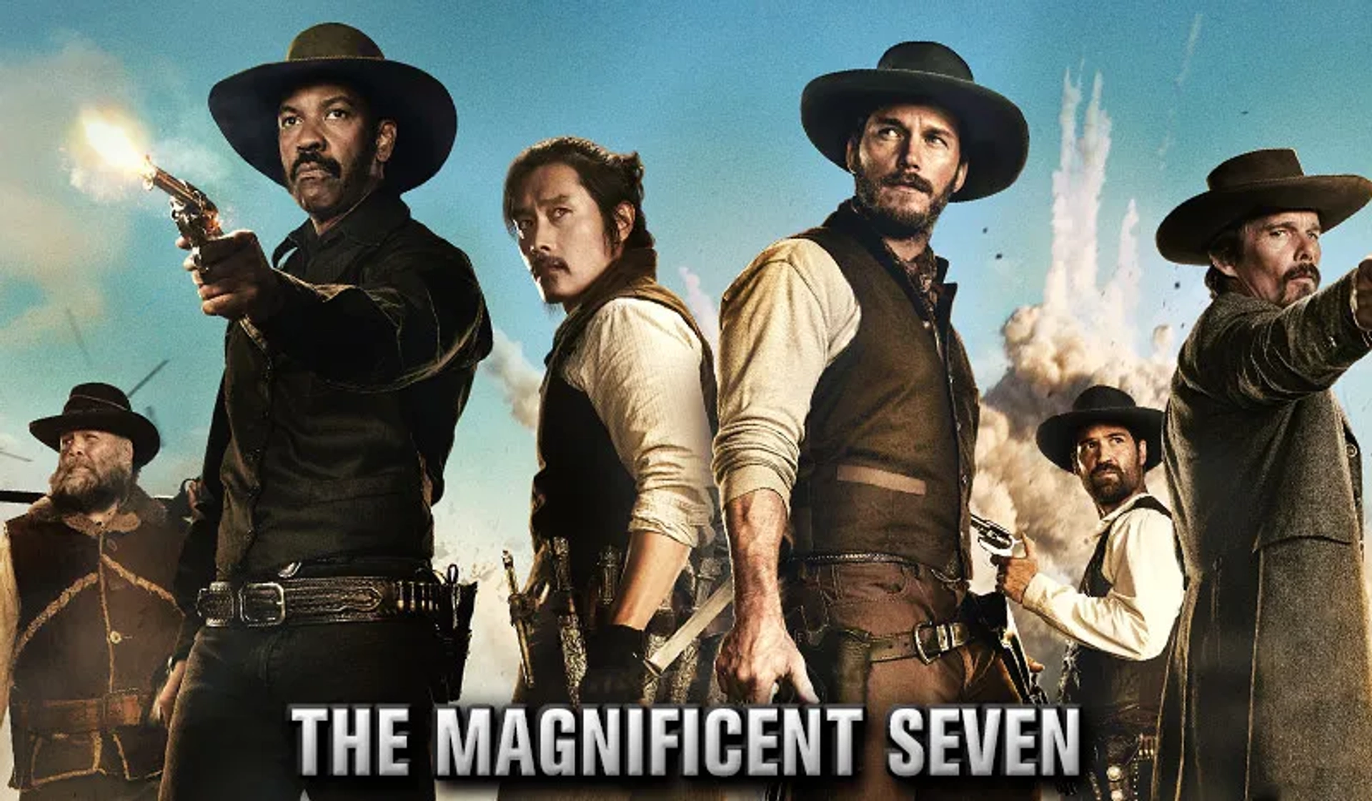 Ethan Hawke, Denzel Washington, Vincent D'Onofrio, Lee Byung-hun, Chris Pratt, and Manuel Garcia-Rulfo in The Magnificent Seven (2016)