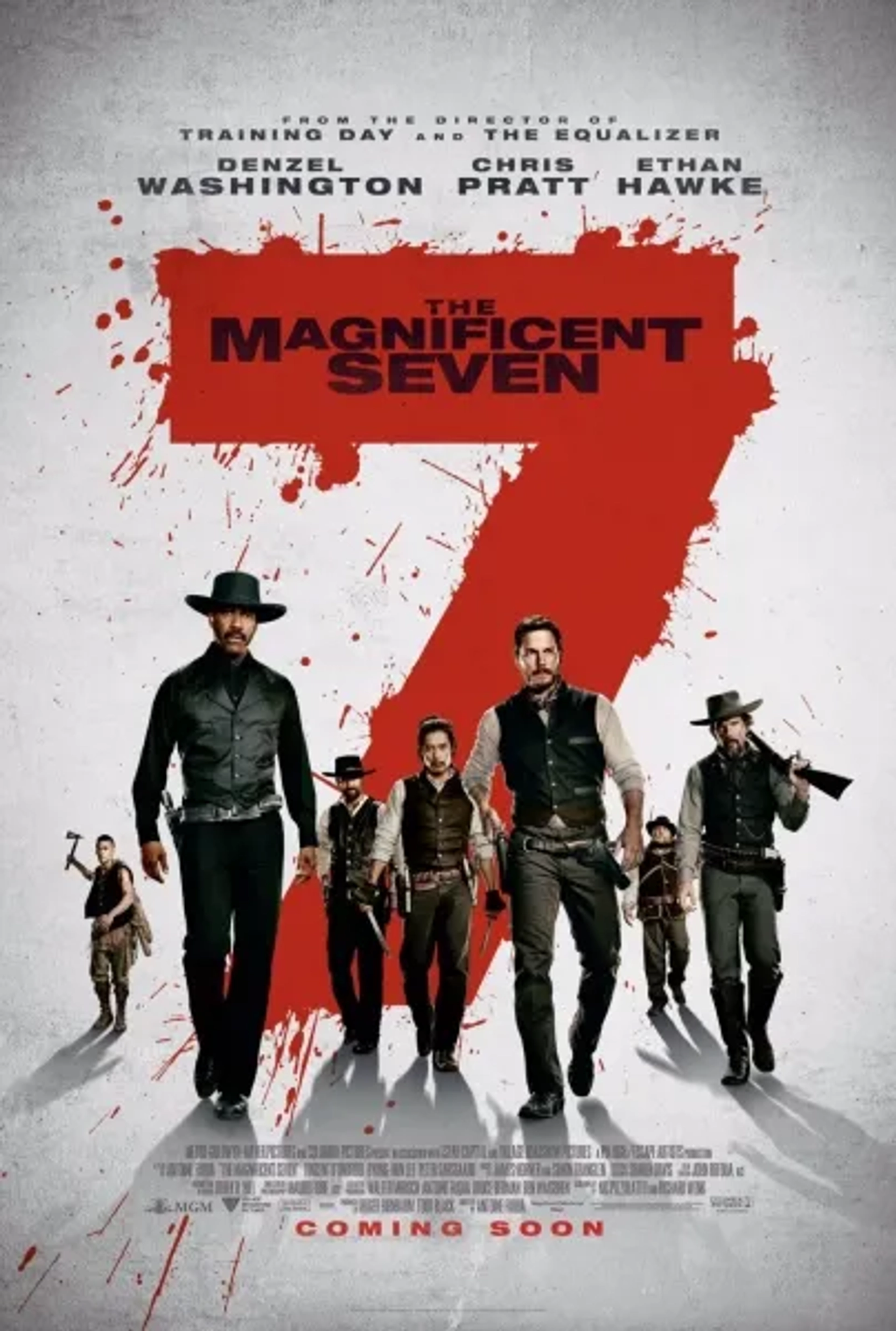 Ethan Hawke, Denzel Washington, Vincent D'Onofrio, Lee Byung-hun, Chris Pratt, Manuel Garcia-Rulfo, and Martin Sensmeier in The Magnificent Seven (2016)