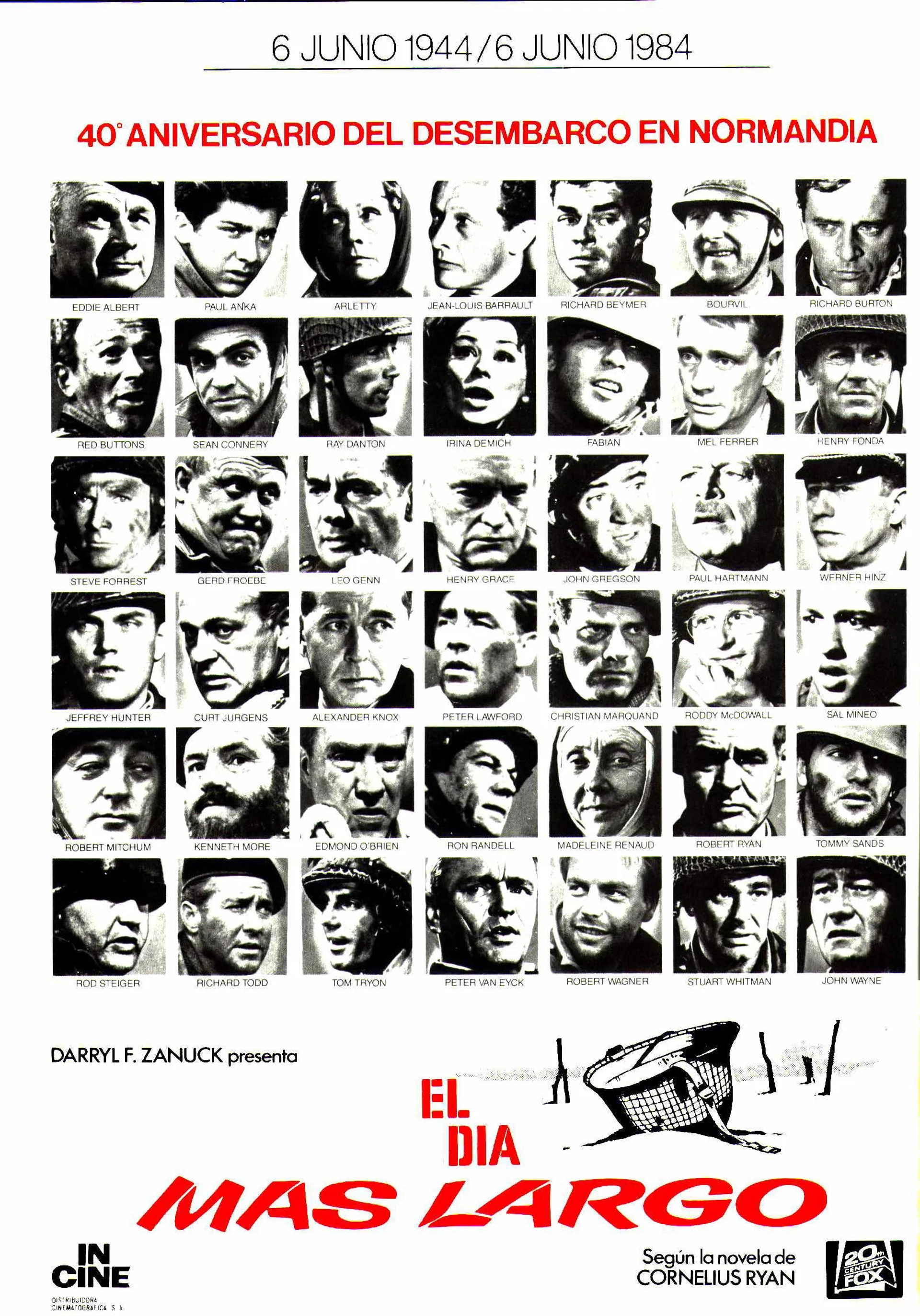 Richard Burton, Henry Fonda, Robert Mitchum, John Wayne, Sean Connery, Sal Mineo, Eddie Albert, Richard Beymer, Red Buttons, Jeffrey Hunter, Roddy McDowall, Rod Steiger, Robert Wagner, Paul Anka, Arletty, Mel Ferrer, Steve Forrest, Gert Fröbe, Fabian, Jean-Louis Barrault, Bourvil, Ray Danton, Irina Demick, Leo Genn, Henry Grace, John Gregson, Paul Hartmann, Werner Hinz, Curd Jürgens, Alexander Knox, Peter Lawford, Christian Marquand, Kenneth More, Edmond O'Brien, Ron Randell, Madeleine Renaud, Robert Ryan, Tommy Sands, Richard Todd, Tom Tryon, Peter van Eyck, and Stuart Whitman in The Longest Day (1962)