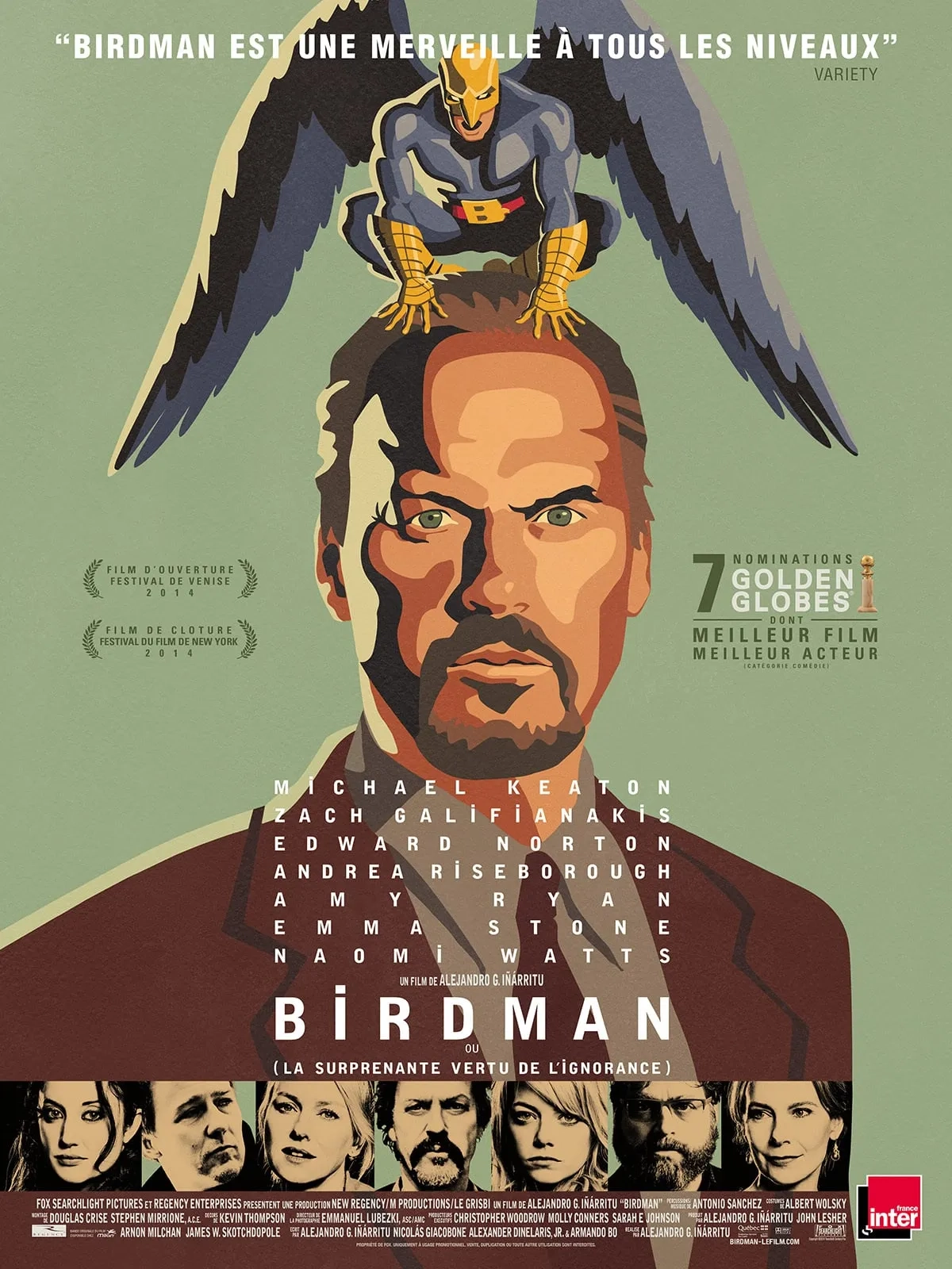Michael Keaton, Edward Norton, Zach Galifianakis, Amy Ryan, Naomi Watts, Emma Stone, and Andrea Riseborough in Birdman or (The Unexpected Virtue of Ignorance) (2014)