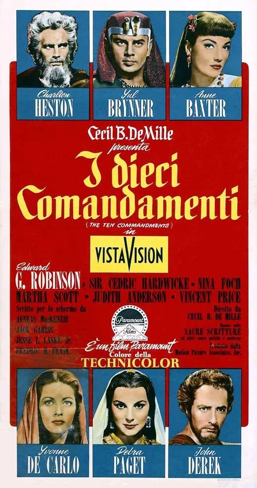 Charlton Heston, Anne Baxter, Yul Brynner, Yvonne De Carlo, John Derek, and Debra Paget in The Ten Commandments (1956)