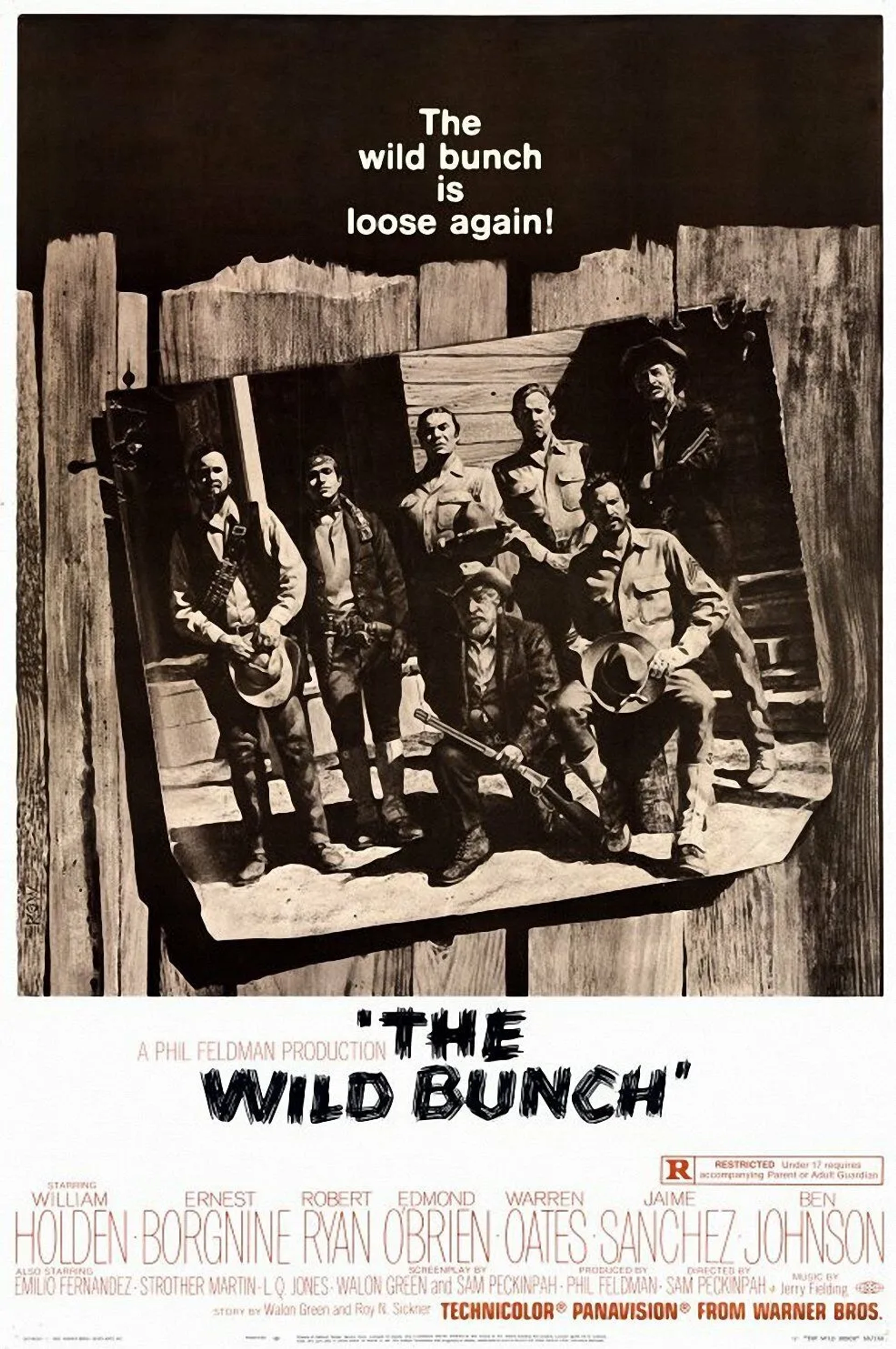 William Holden, Ernest Borgnine, Ben Johnson, Edmond O'Brien, Warren Oates, Robert Ryan, and Jaime Sánchez in The Wild Bunch (1969)