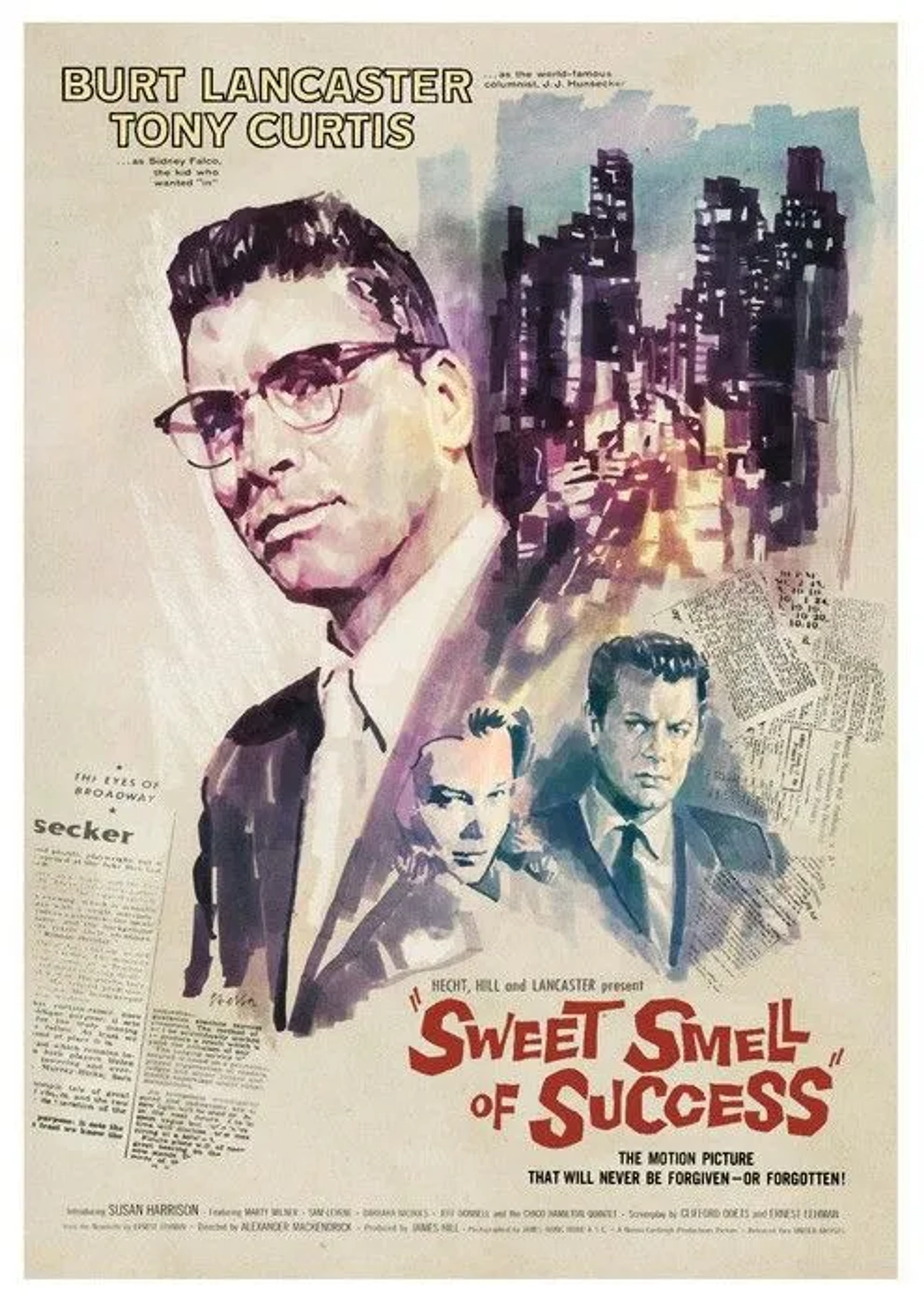 Burt Lancaster, Tony Curtis, and Susan Harrison in Sweet Smell of Success (1957)