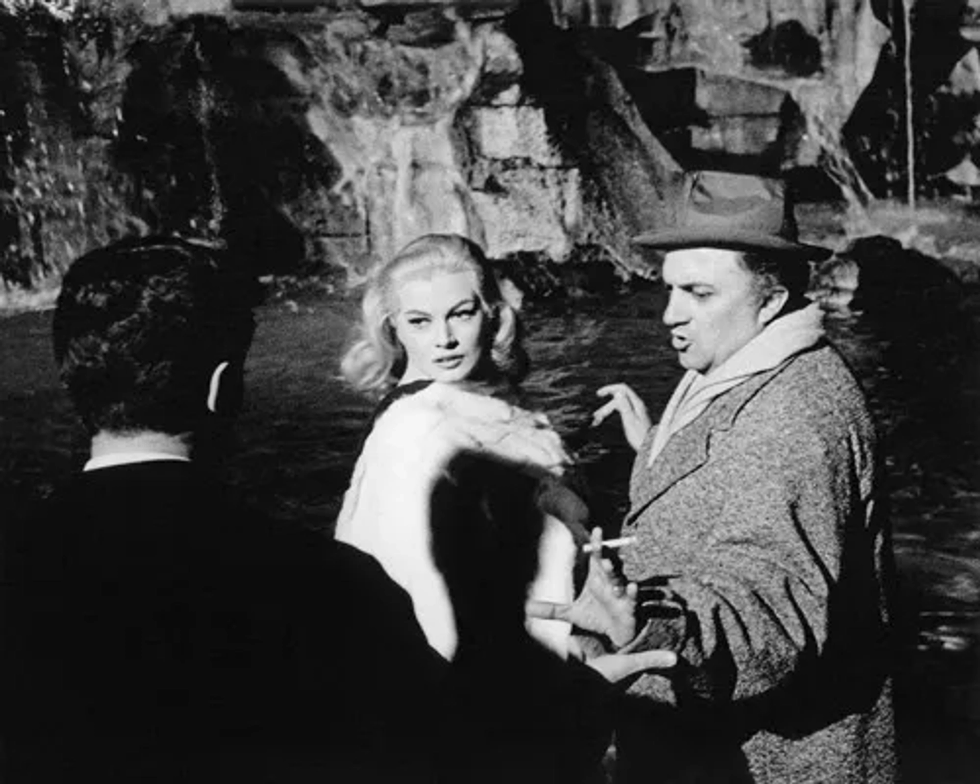 Federico Fellini, Marcello Mastroianni, and Anita Ekberg in La Dolce Vita (1960)