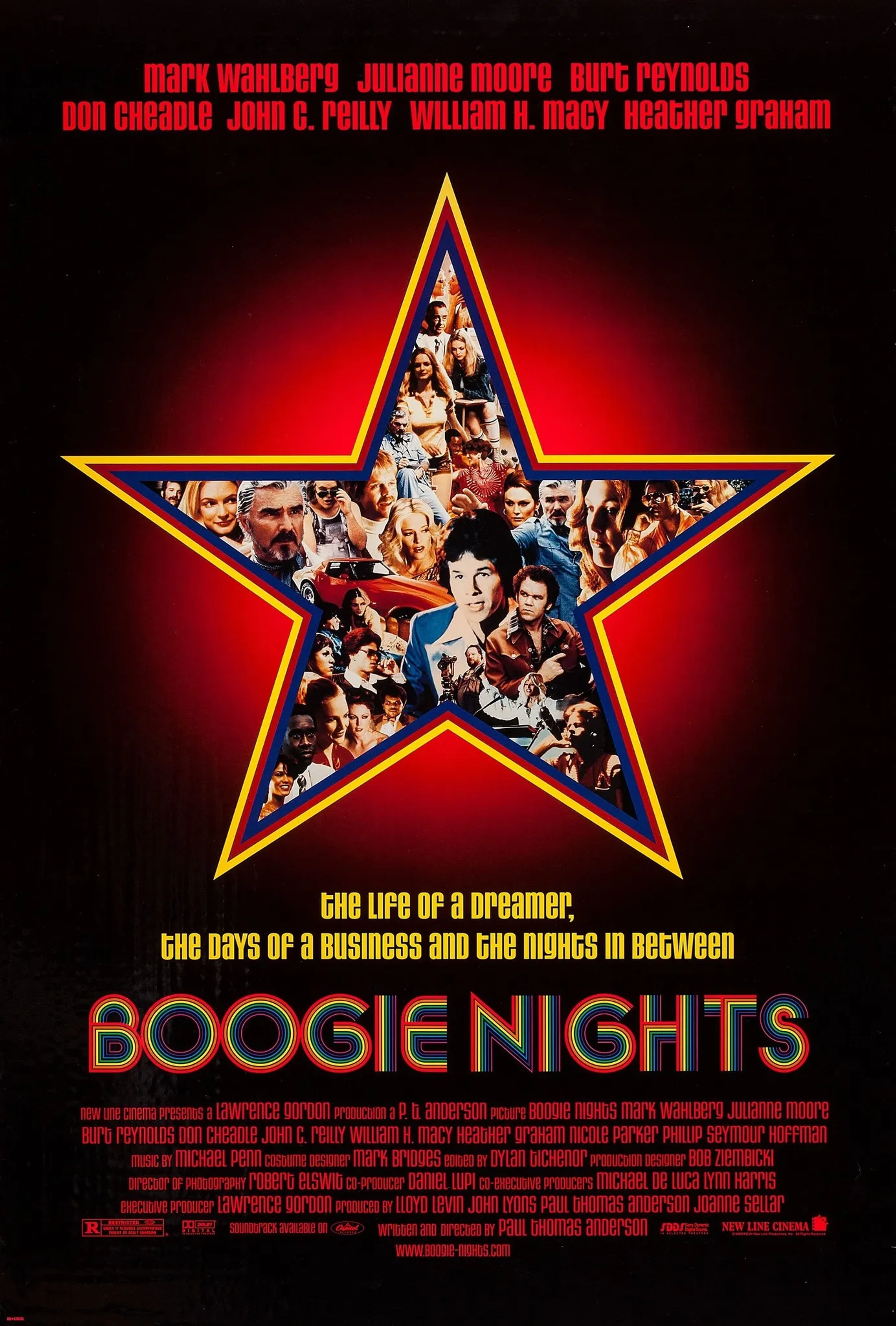 Julianne Moore, Mark Wahlberg, Don Cheadle, William H. Macy, John C. Reilly, Burt Reynolds, Heather Graham, and Luis Guzmán in Boogie Nights (1997)