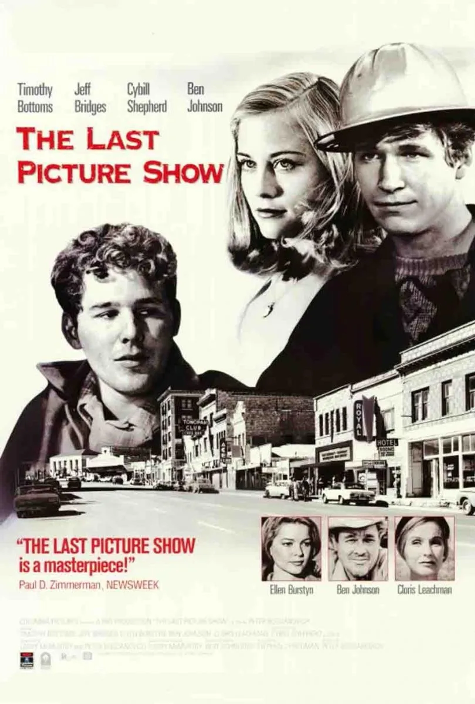 Jeff Bridges, Timothy Bottoms, Ellen Burstyn, Cloris Leachman, Cybill Shepherd, and Ben Johnson in The Last Picture Show (1971)