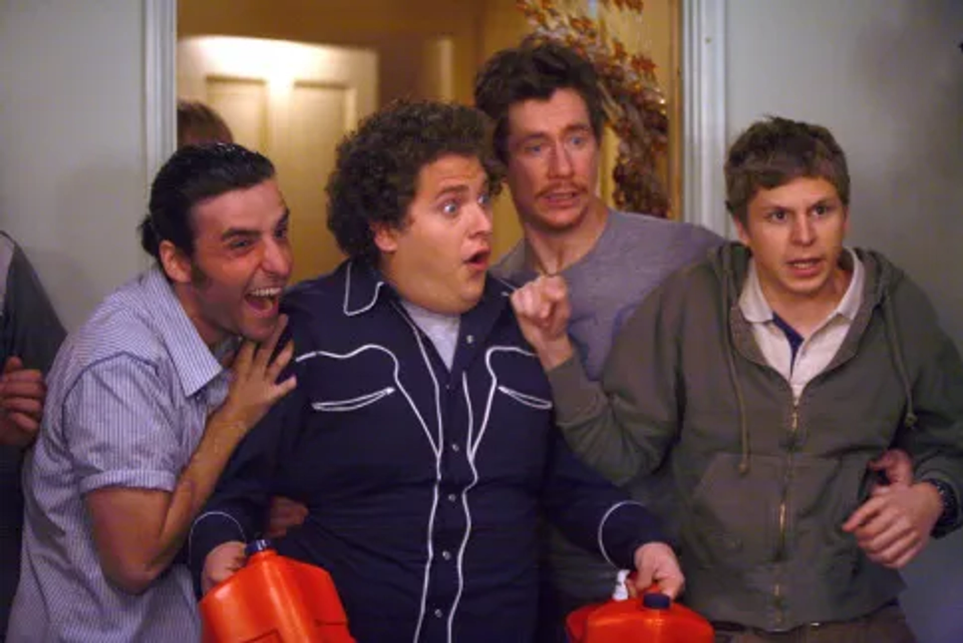 Kevin Breznahan, Michael Cera, David Krumholtz, and Jonah Hill in Superbad (2007)