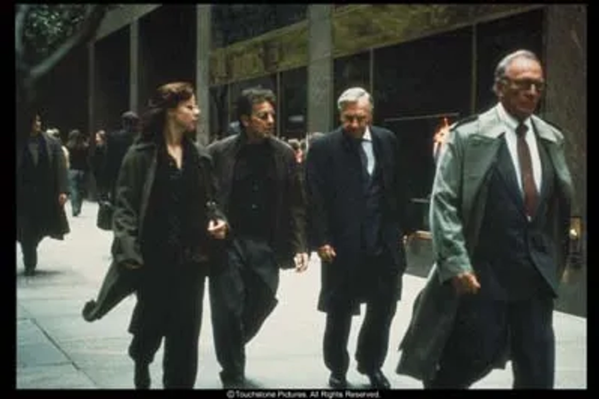 L to R - Debbie De Luca (Debi Mazar), Lowell Bergman (Al Pacino), Don Hewitt (Philip Baker Hall) and Mike Wallace (Christopher Plummer)