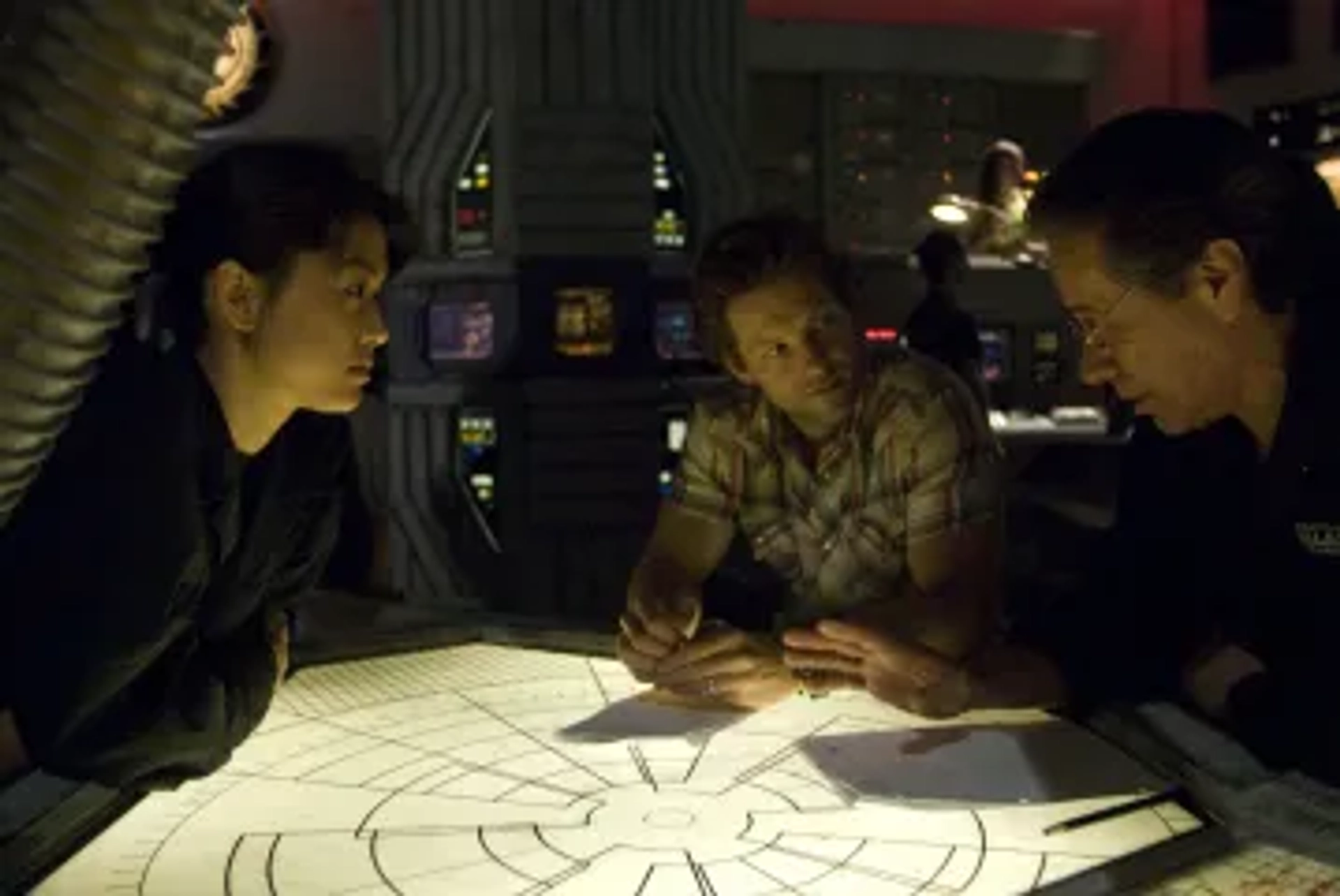 Edward James Olmos, Jamie Bamber, and Grace Park in Battlestar Galactica (2004)