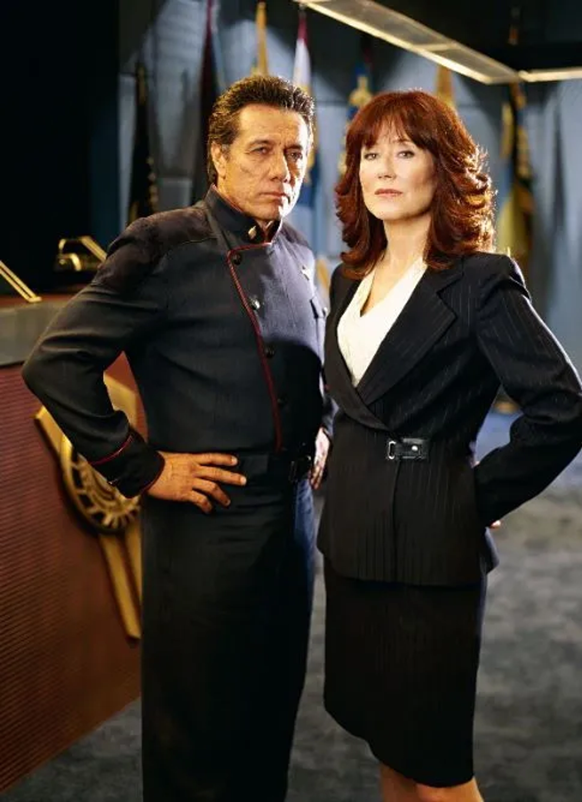 Mary McDonnell and Edward James Olmos in Battlestar Galactica (2004)