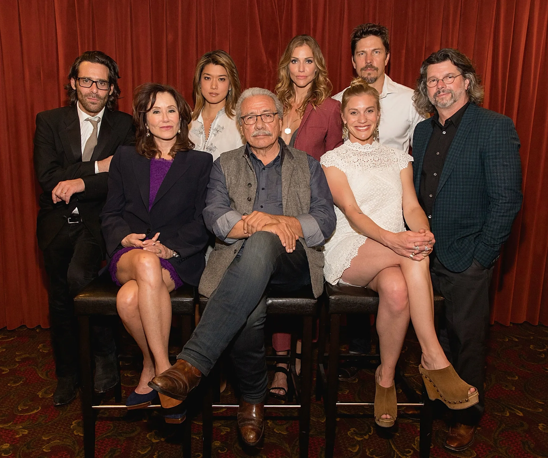 Mary McDonnell, Edward James Olmos, James Callis, Ronald D. Moore, Grace Park, Katee Sackhoff, Michael Trucco, and Tricia Helfer at an event for Battlestar Galactica (2004)