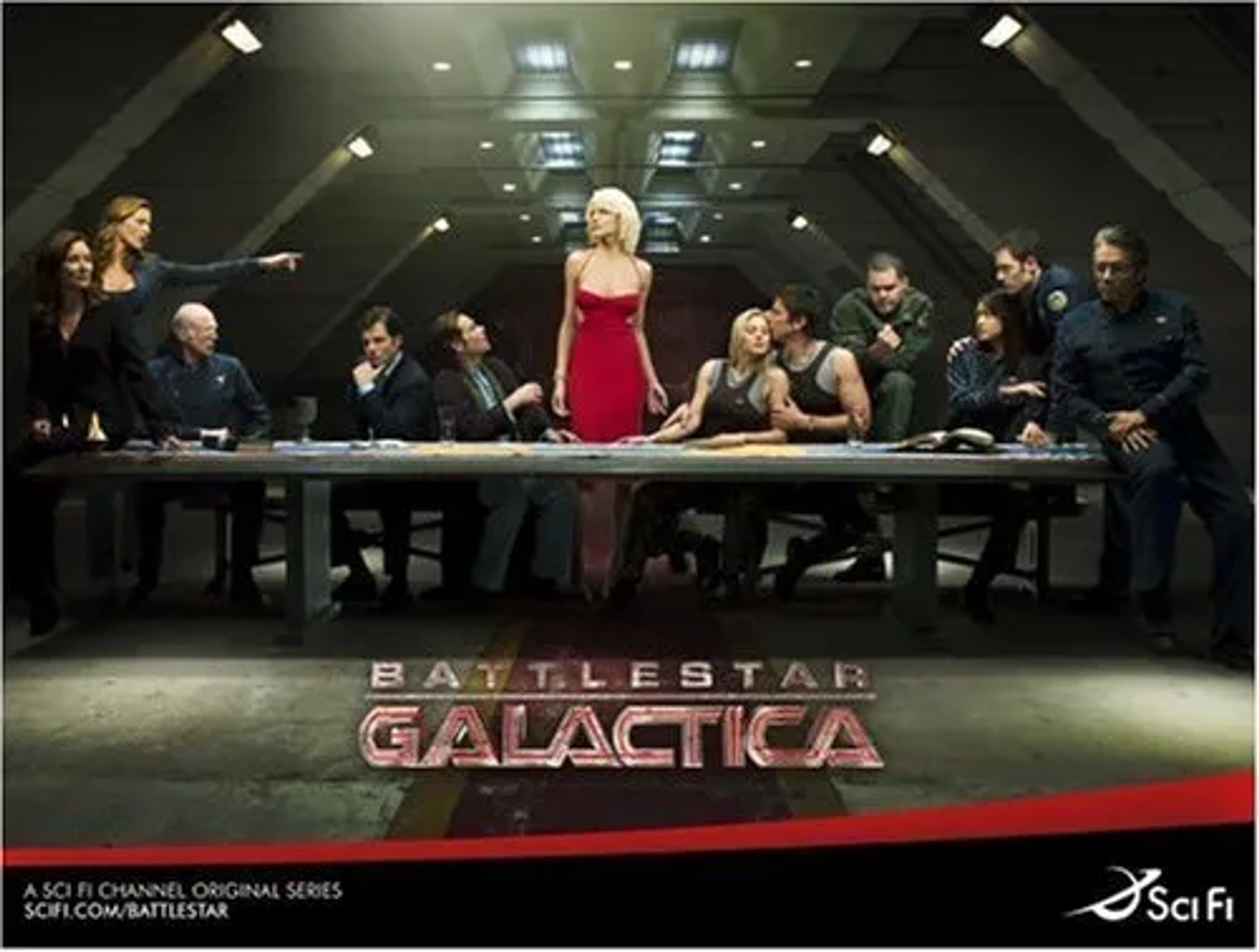 Mary McDonnell, Edward James Olmos, Jamie Bamber, James Callis, Aaron Douglas, Michael Hogan, Grace Park, Tahmoh Penikett, Katee Sackhoff, Michael Trucco, and Tricia Helfer in Battlestar Galactica (2004)