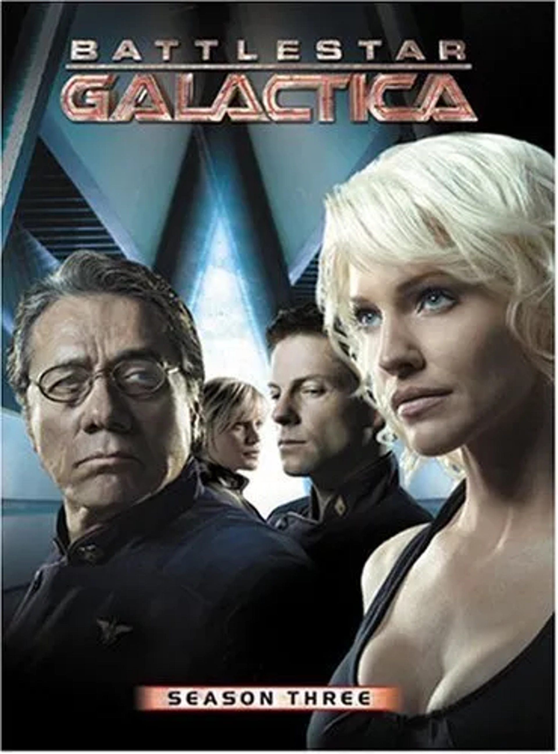 Edward James Olmos, Jamie Bamber, Katee Sackhoff, and Tricia Helfer in Battlestar Galactica (2004)