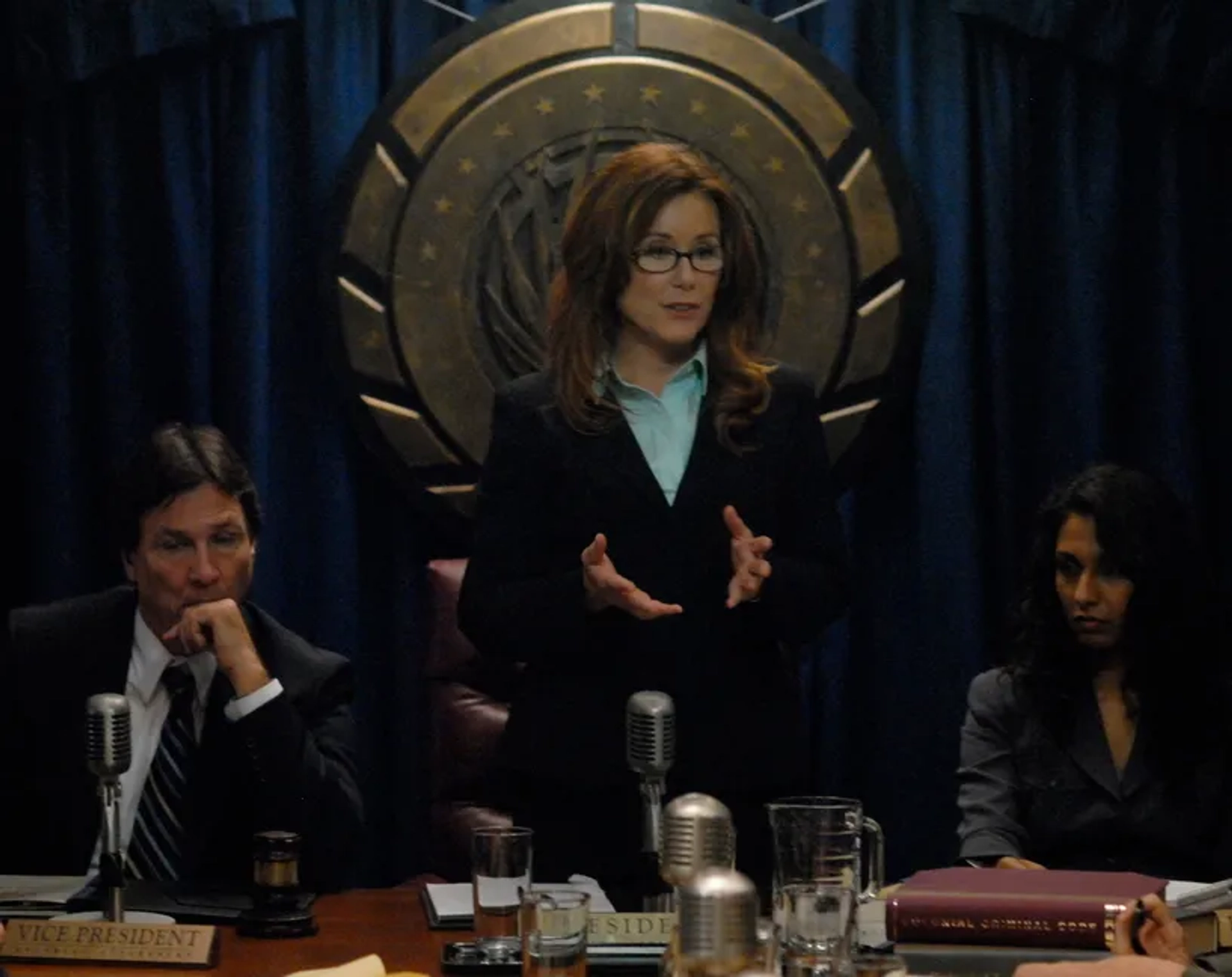 Mary McDonnell, Richard Hatch, and Rekha Sharma in Battlestar Galactica (2004)