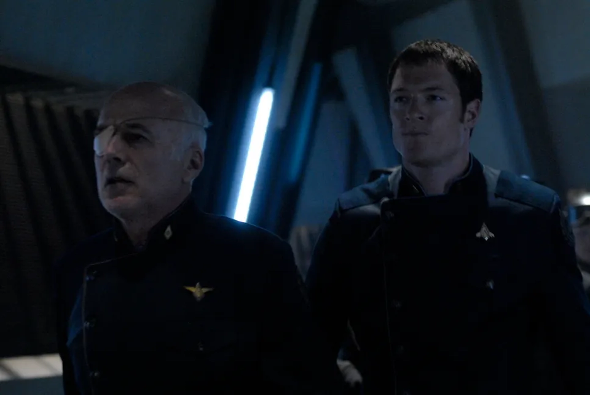 Michael Hogan and Tahmoh Penikett in Battlestar Galactica (2004)