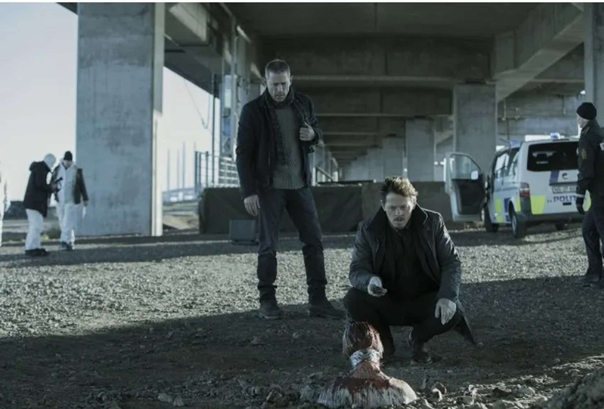 Mikael Birkkjær and Thure Lindhardt in The Bridge (2011)