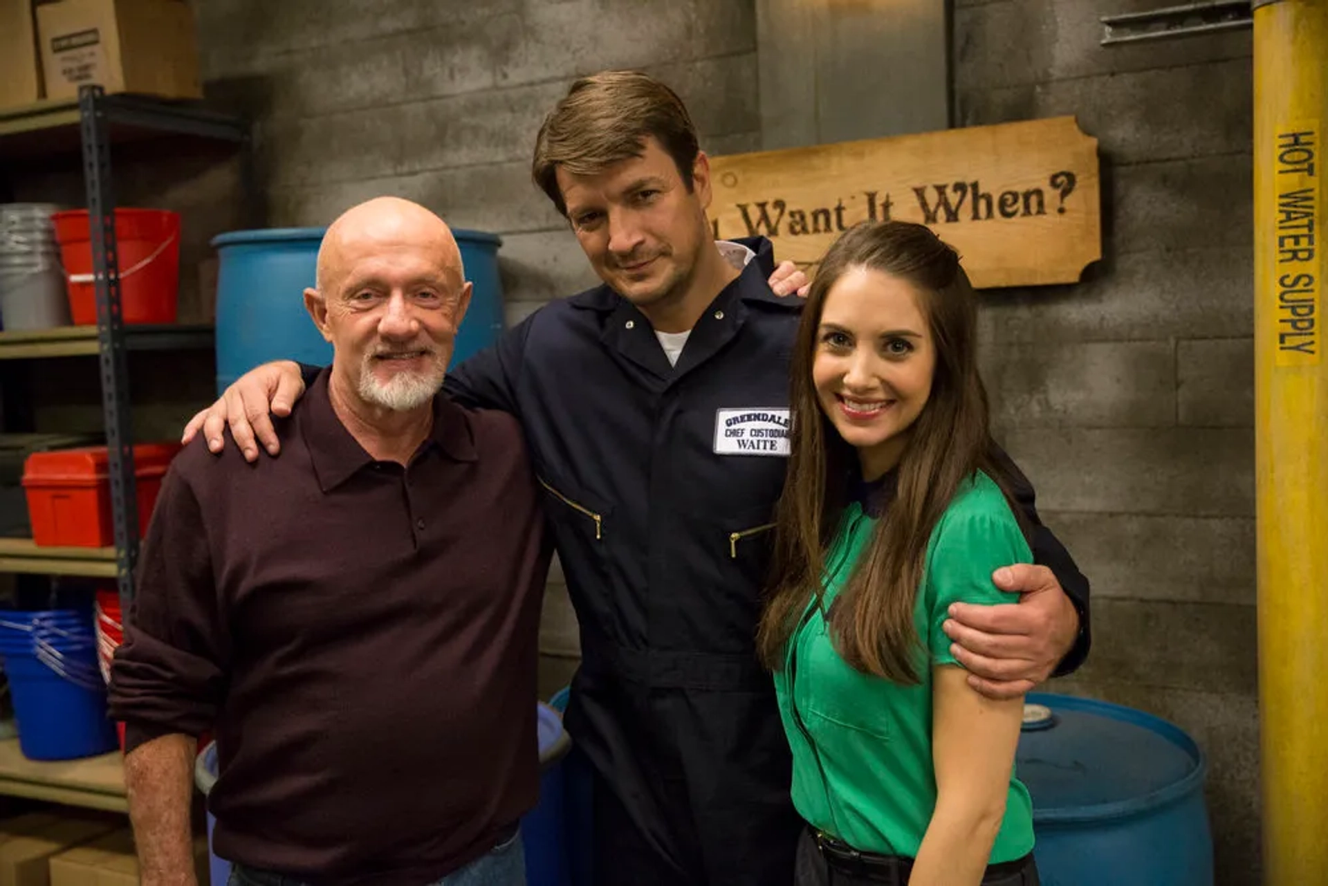 Jonathan Banks, Nathan Fillion, and Alison Brie in Community (2009)