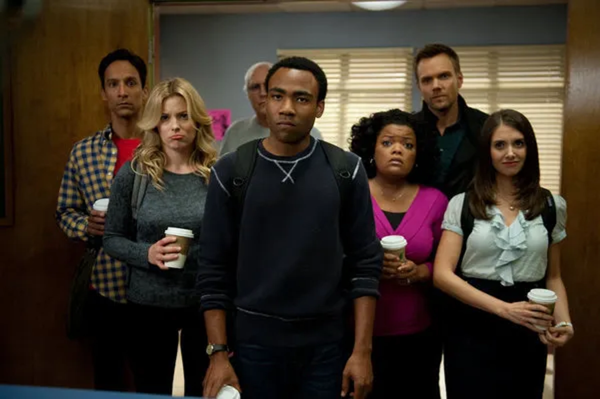 Chevy Chase, Joel McHale, Yvette Nicole Brown, Alison Brie, Gillian Jacobs, Danny Pudi, and Donald Glover in Community (2009)