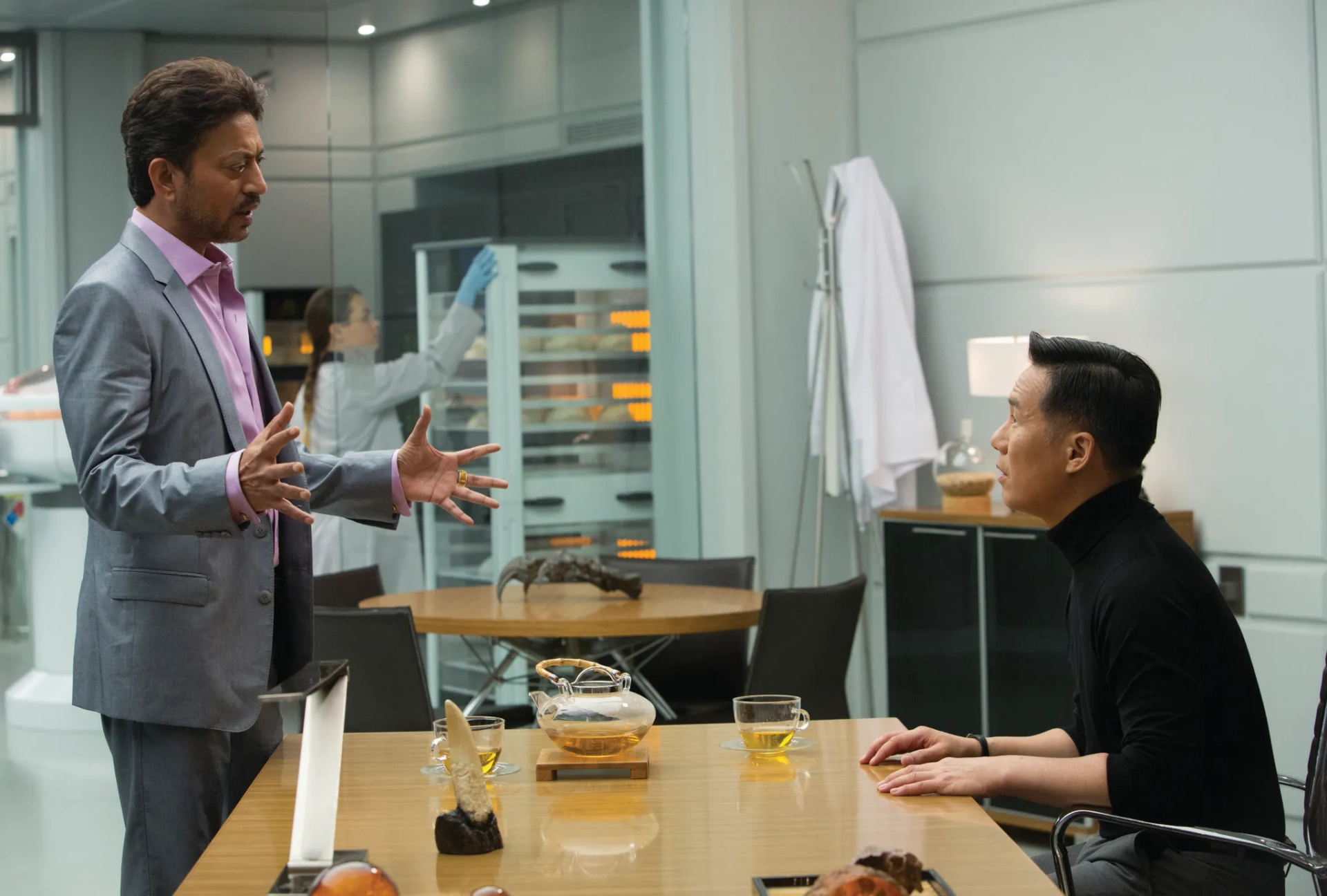 BD Wong and Irrfan Khan in Jurassic World (2015)