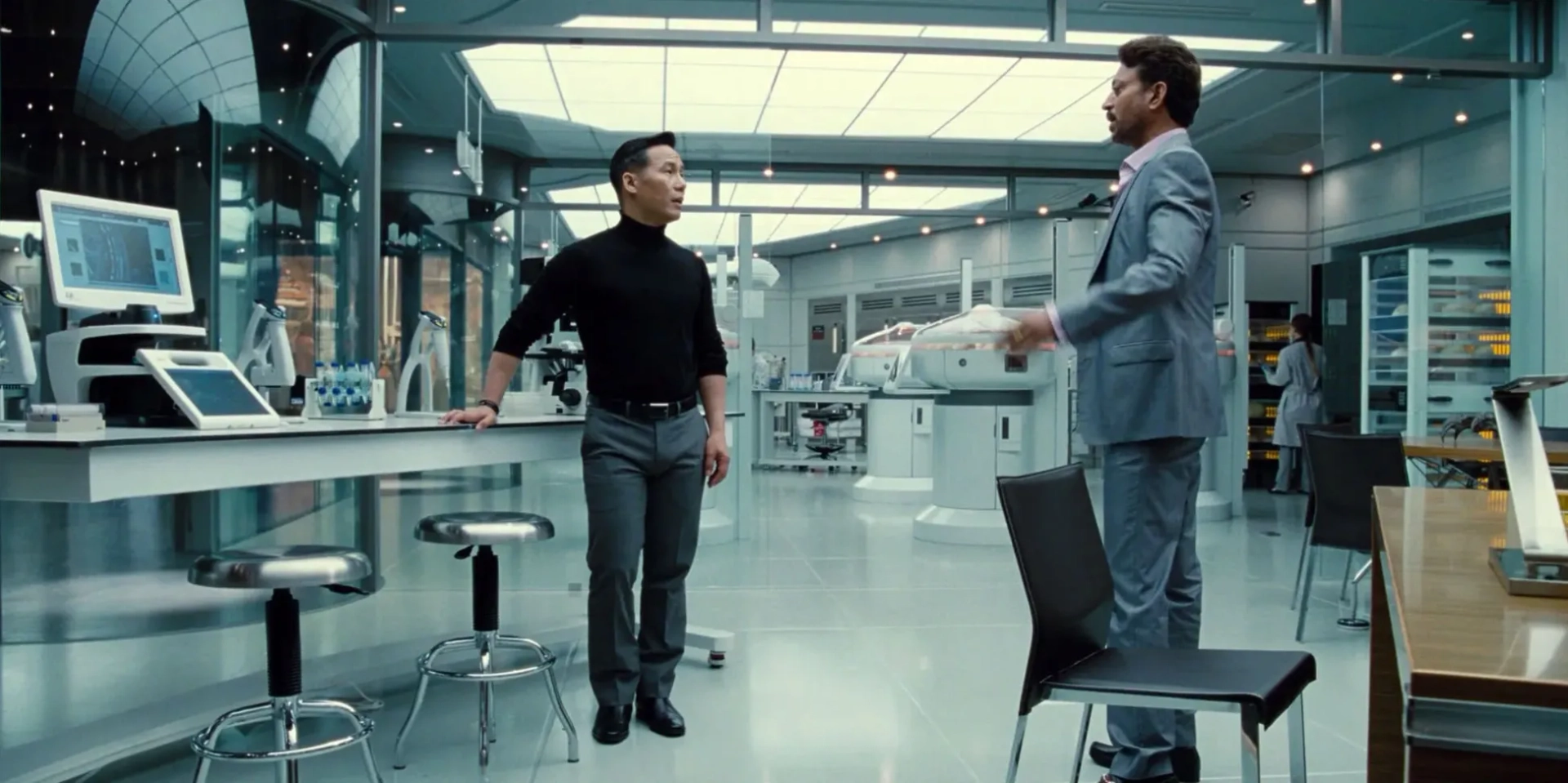 BD Wong and Irrfan Khan in Jurassic World (2015)