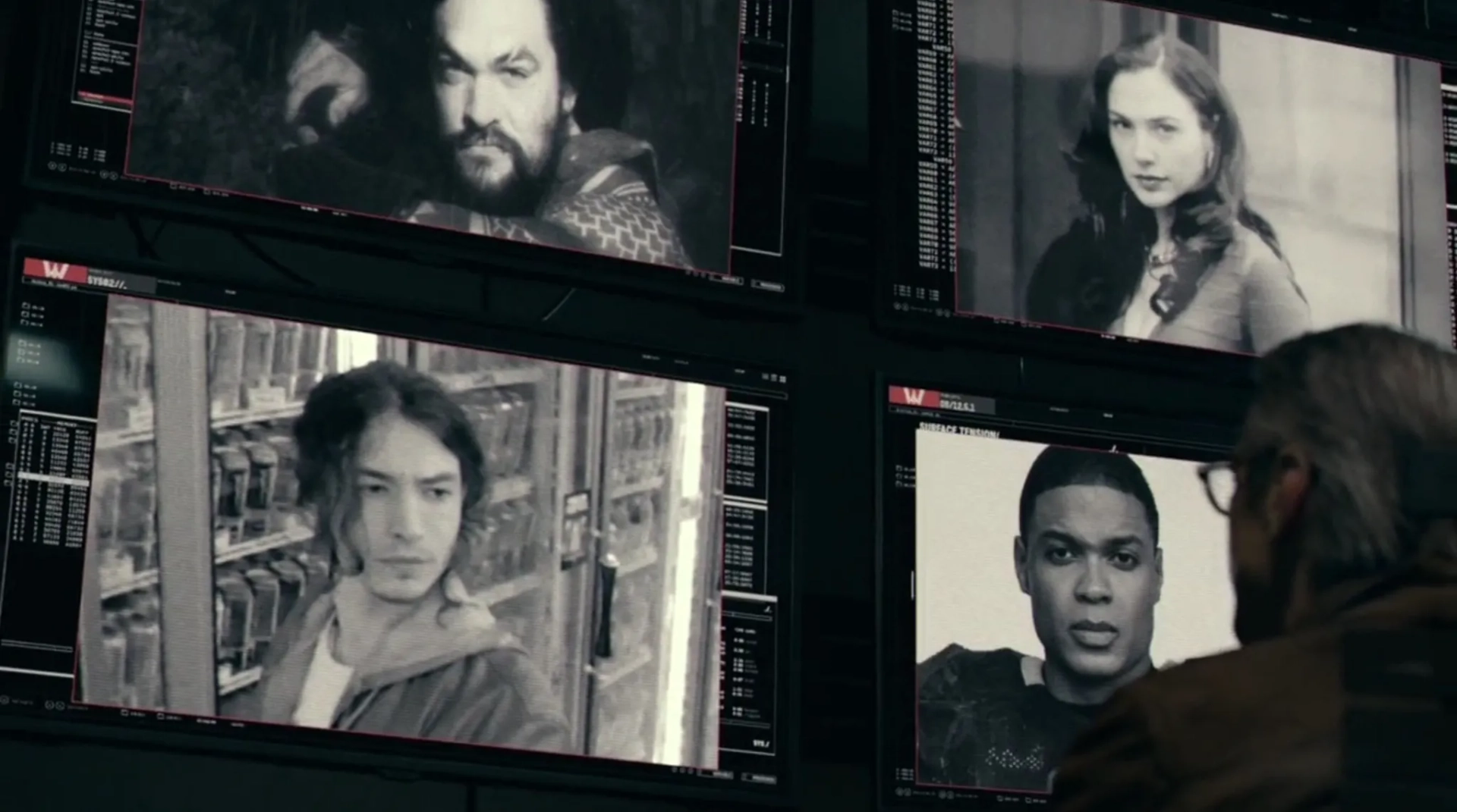 Jason Momoa, Gal Gadot, Ezra Miller, and Ray Fisher in Justice League (2017)