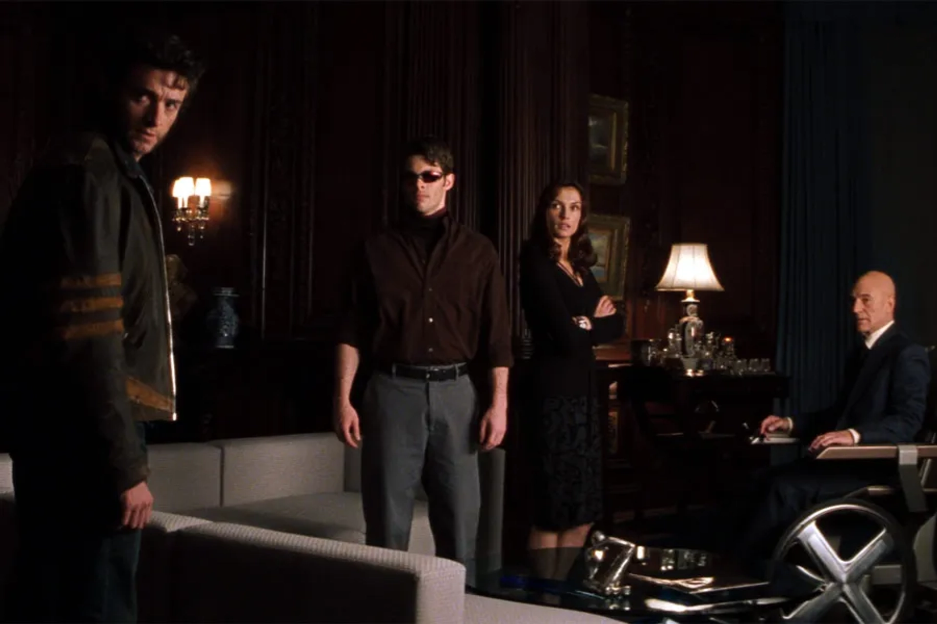 Famke Janssen, Patrick Stewart, James Marsden, and Hugh Jackman in X-Men (2000)