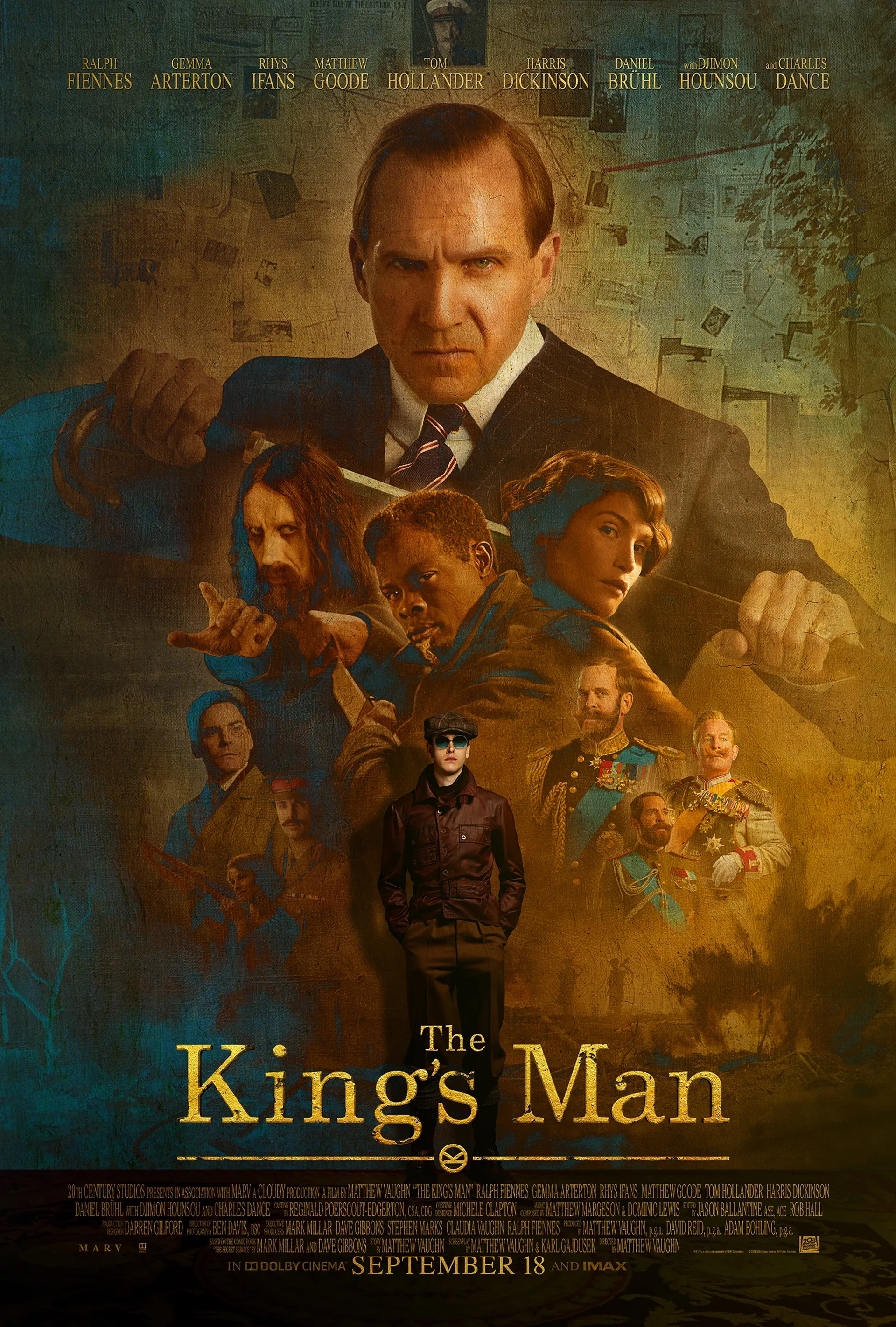 Ralph Fiennes, Djimon Hounsou, Daniel Brühl, Tom Hollander, Rhys Ifans, Gemma Arterton, and Harris Dickinson in The King's Man (2021)