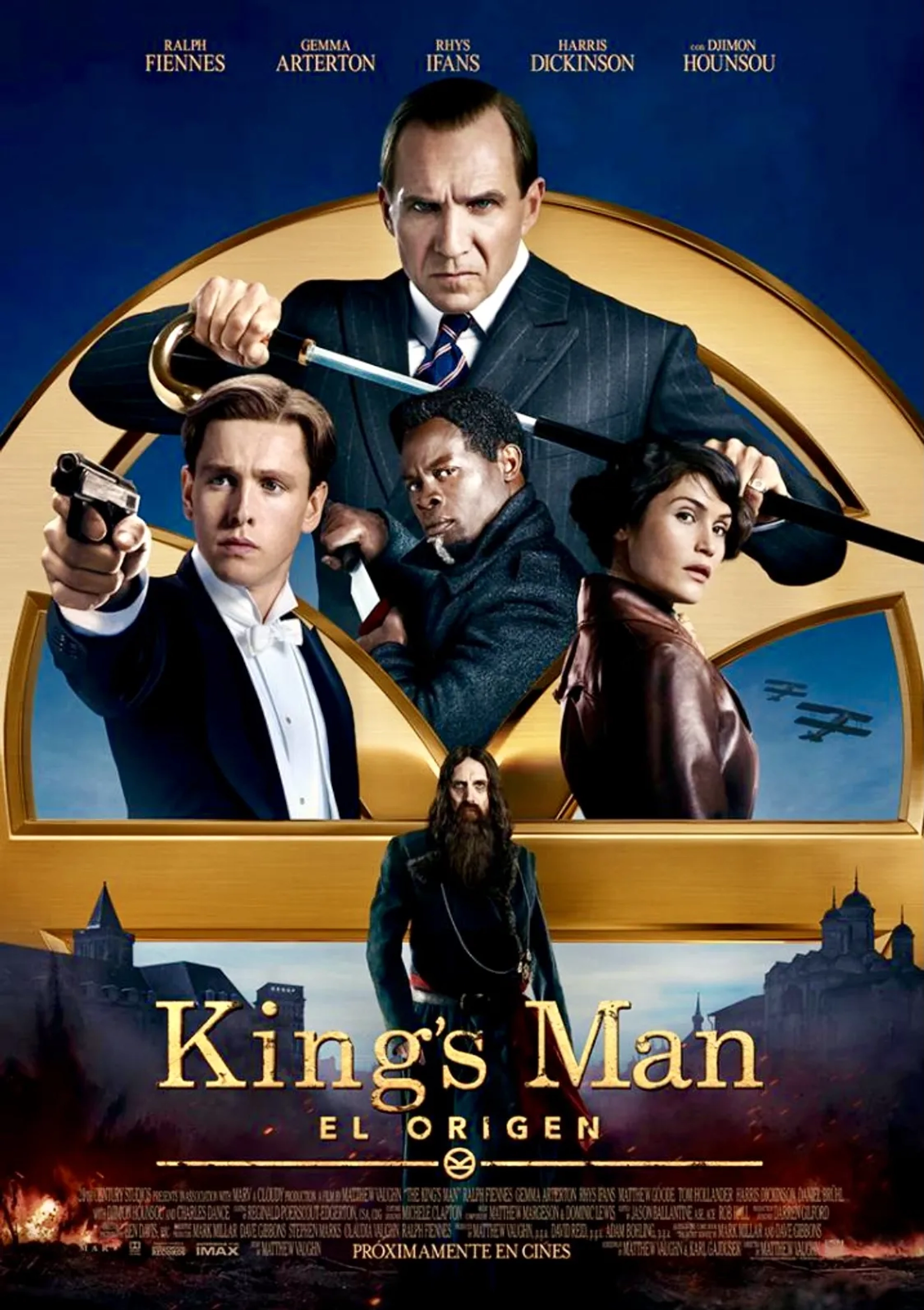 Ralph Fiennes, Djimon Hounsou, Rhys Ifans, Gemma Arterton, and Harris Dickinson in The King's Man (2021)