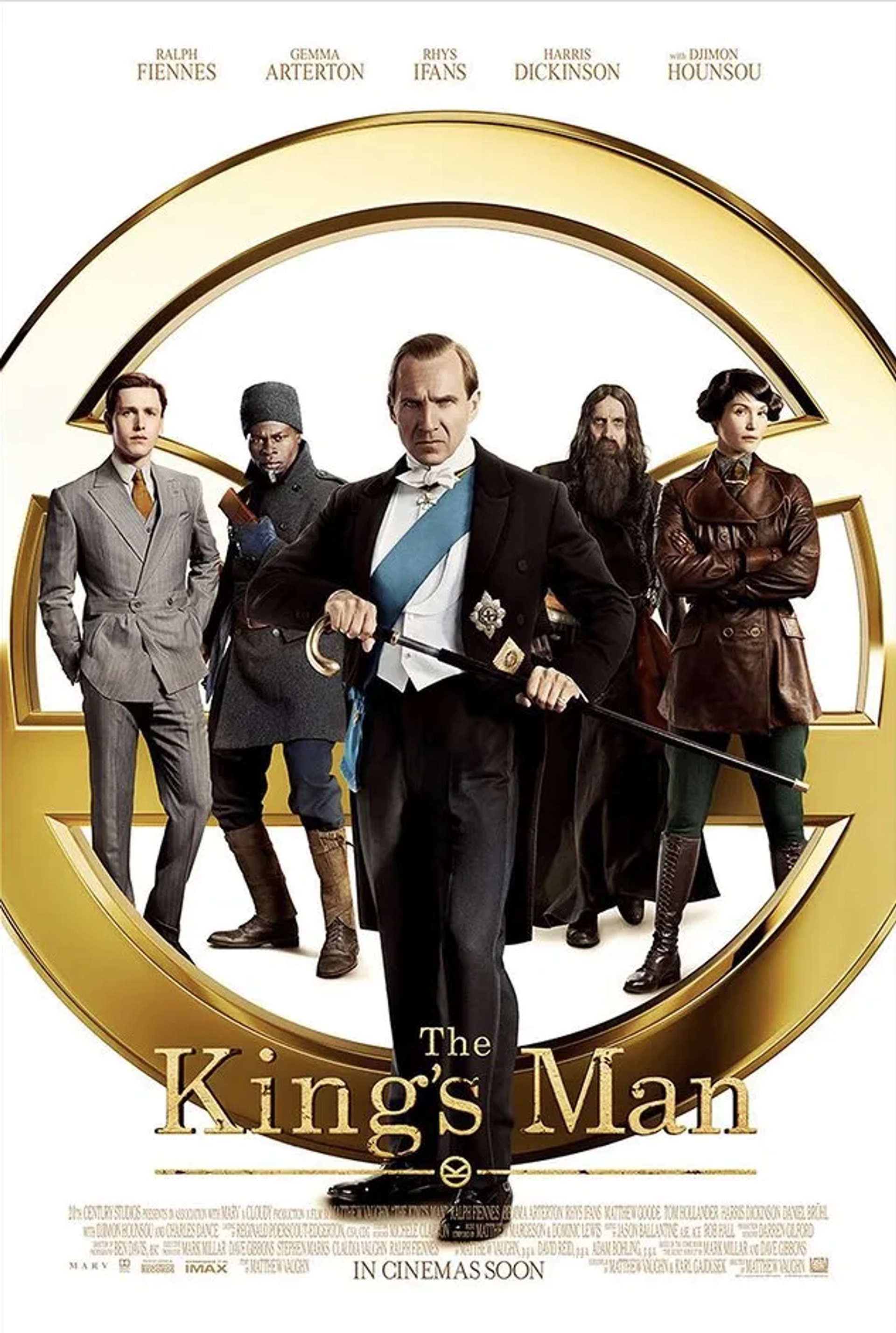 Ralph Fiennes, Djimon Hounsou, Rhys Ifans, Gemma Arterton, and Harris Dickinson in The King's Man (2021)