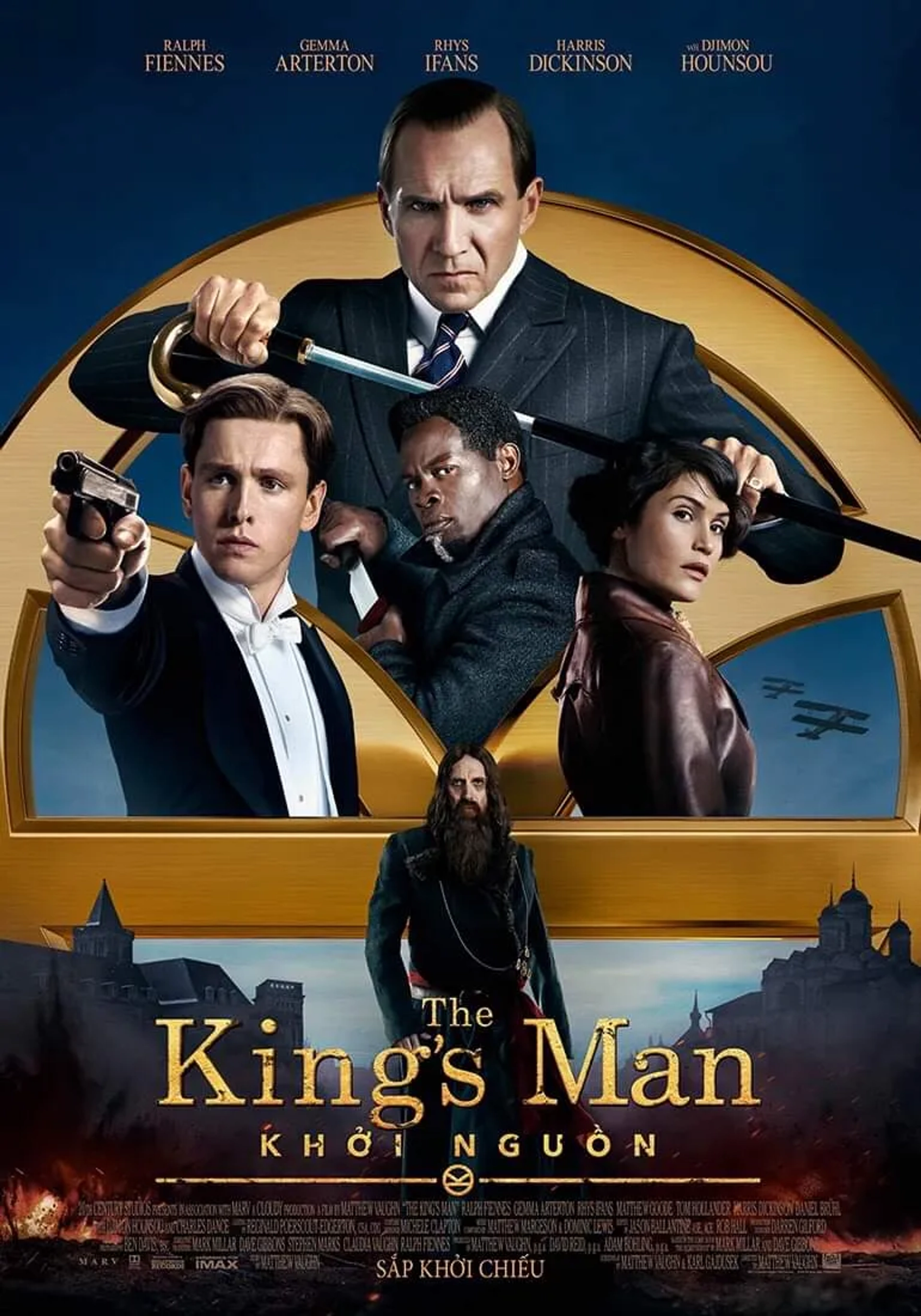 Ralph Fiennes, Djimon Hounsou, Rhys Ifans, Gemma Arterton, and Harris Dickinson in The King's Man (2021)