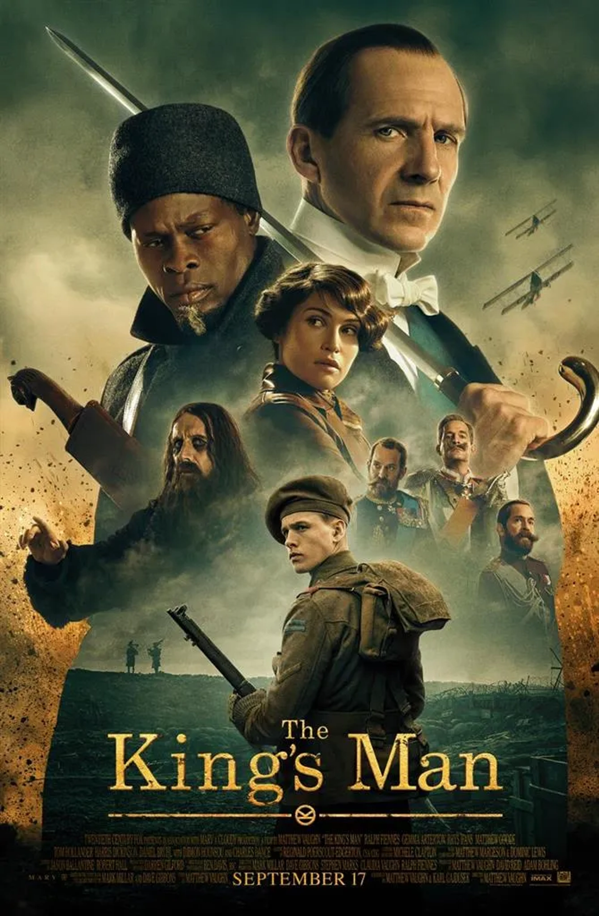 Ralph Fiennes, Djimon Hounsou, Tom Hollander, Rhys Ifans, Gemma Arterton, and Harris Dickinson in The King's Man (2021)