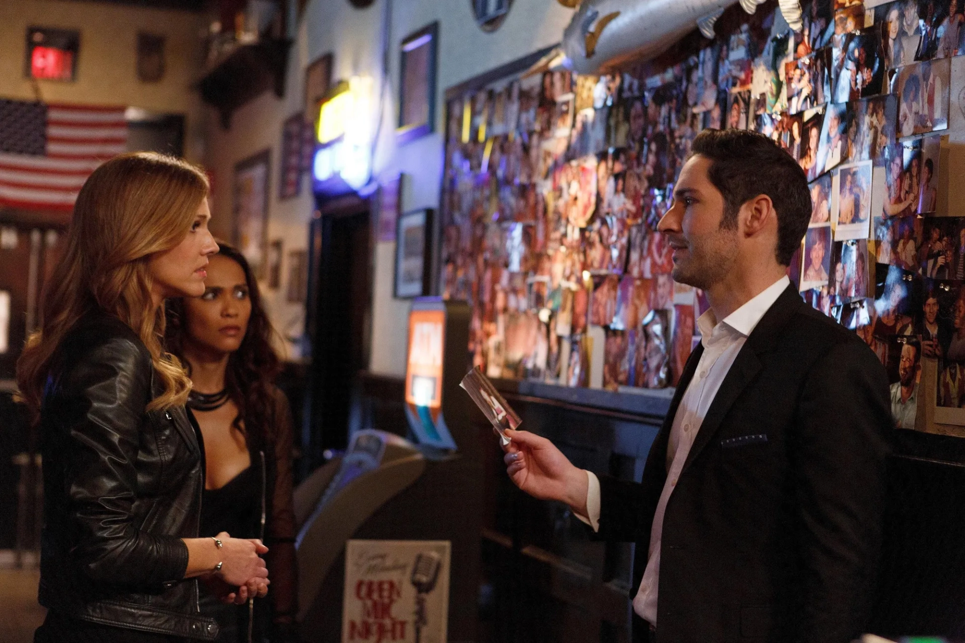 Tom Ellis, Tricia Helfer, and Lesley-Ann Brandt in Lucifer (2016)