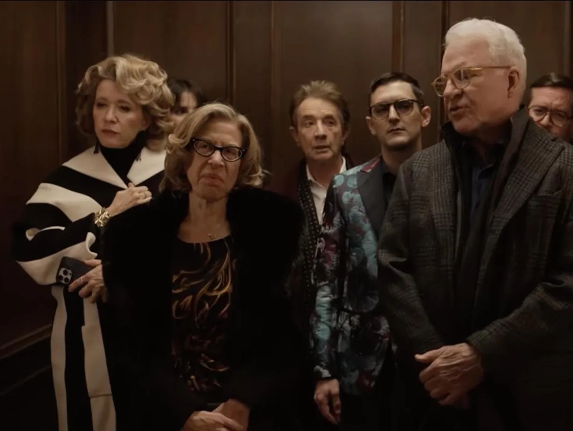 Steve Martin, Martin Short, Linda Emond, Jackie Hoffman, Wesley Taylor, Selena Gomez, and Michael Cyril Creighton in Only Murders in the Building (2021)