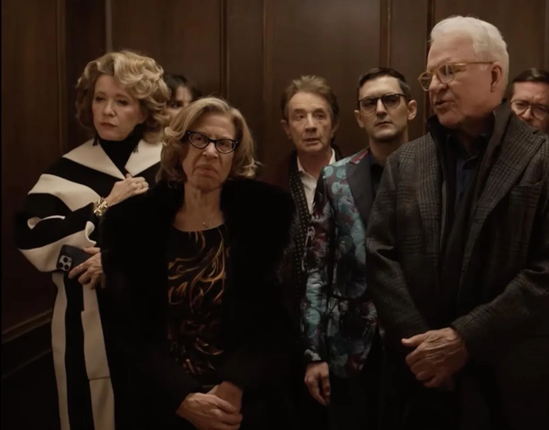 Steve Martin, Martin Short, Linda Emond, Jackie Hoffman, Wesley Taylor, Selena Gomez, and Michael Cyril Creighton in Only Murders in the Building (2021)