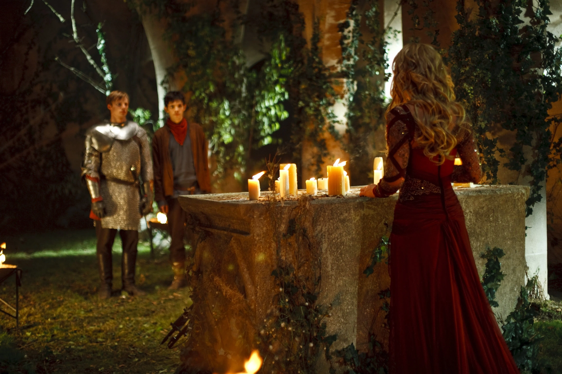 Emilia Fox, Colin Morgan, and Bradley James in Merlin (2008)