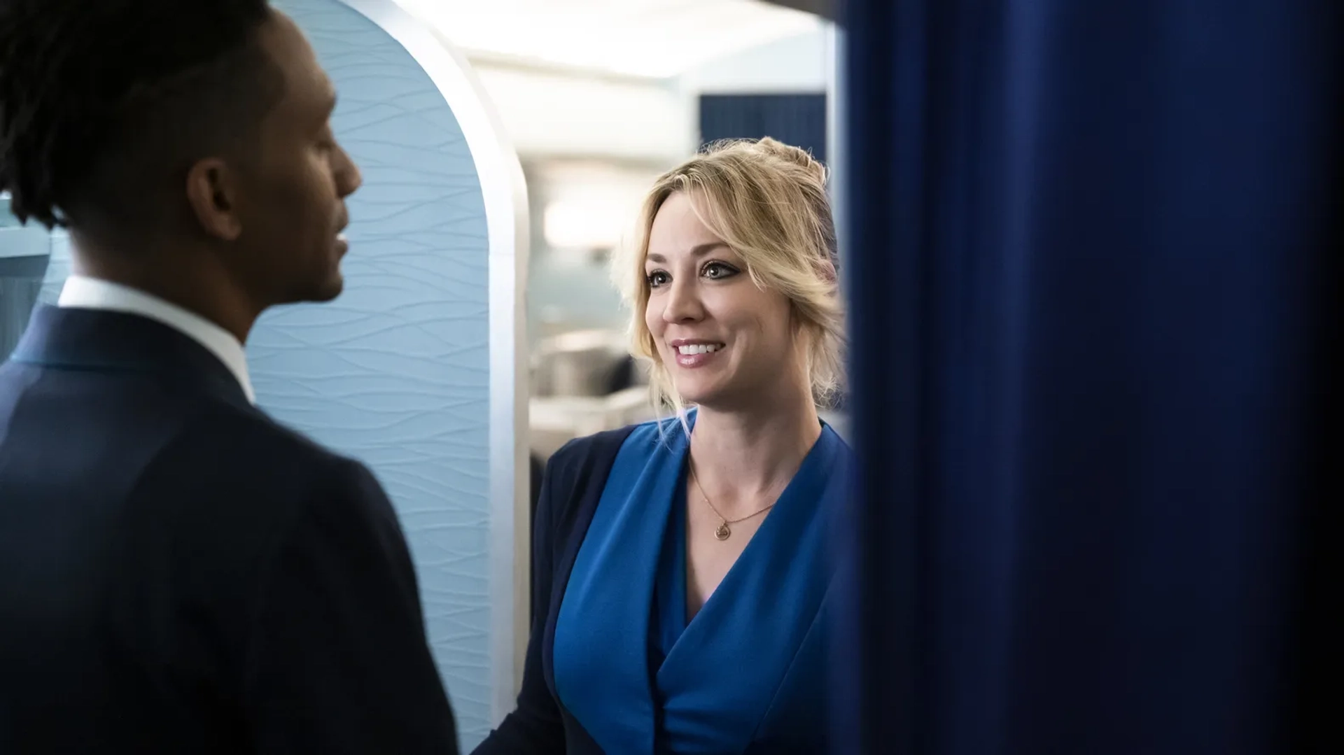 Kaley Cuoco and Griffin Matthews in The Flight Attendant: Funeralia (2020)