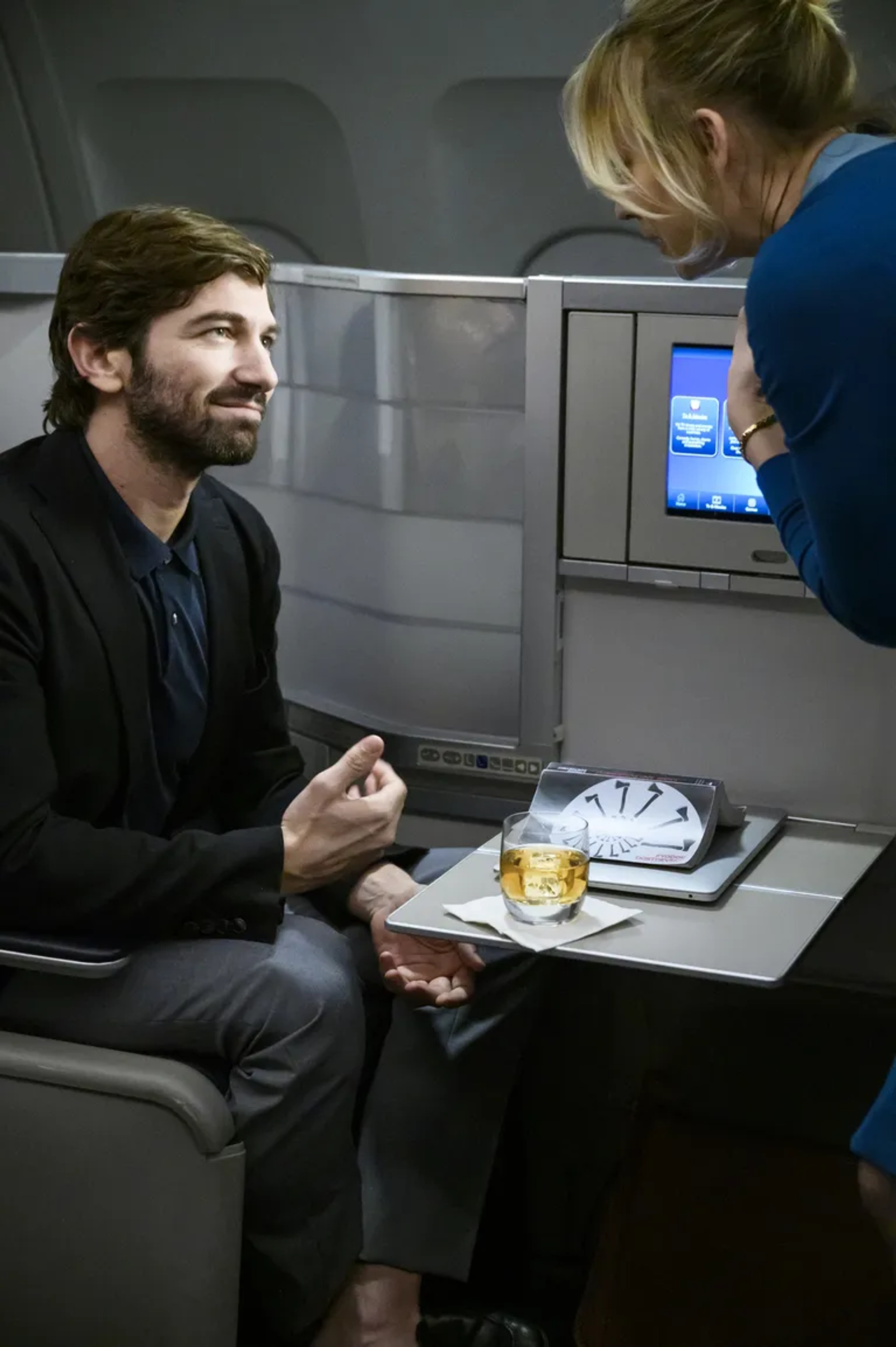 Kaley Cuoco and Michiel Huisman in The Flight Attendant: In Case of Emergency (2020)