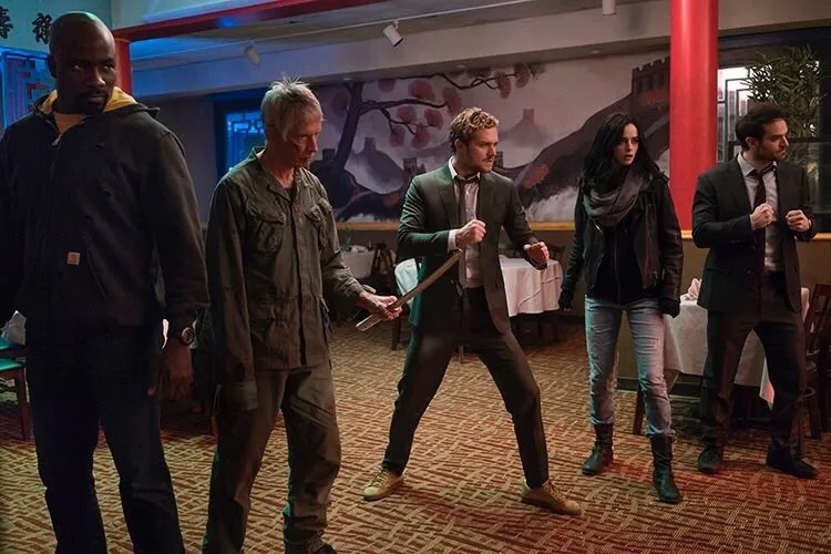 Scott Glenn, Charlie Cox, Krysten Ritter, Mike Colter, and Finn Jones in The Defenders (2017)