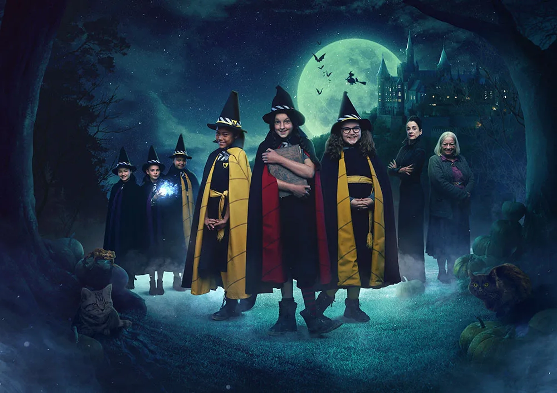 Raquel Cassidy, Wendy Craig, Clare Higgins, Tallulah Milligan, Meibh Campbell, Bella Ramsey, Tamara Smart, Jenny Richardson, and Dagny Rollins in The Worst Witch (2017)