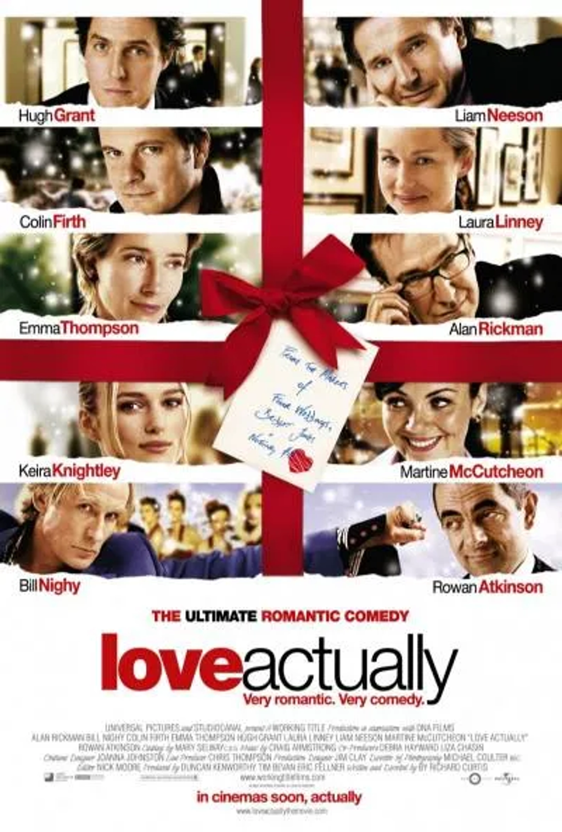 Colin Firth, Hugh Grant, Liam Neeson, Chiwetel Ejiofor, Martin Freeman, Keira Knightley, Martine McCutcheon, and Joanna Page in Love Actually (2003)