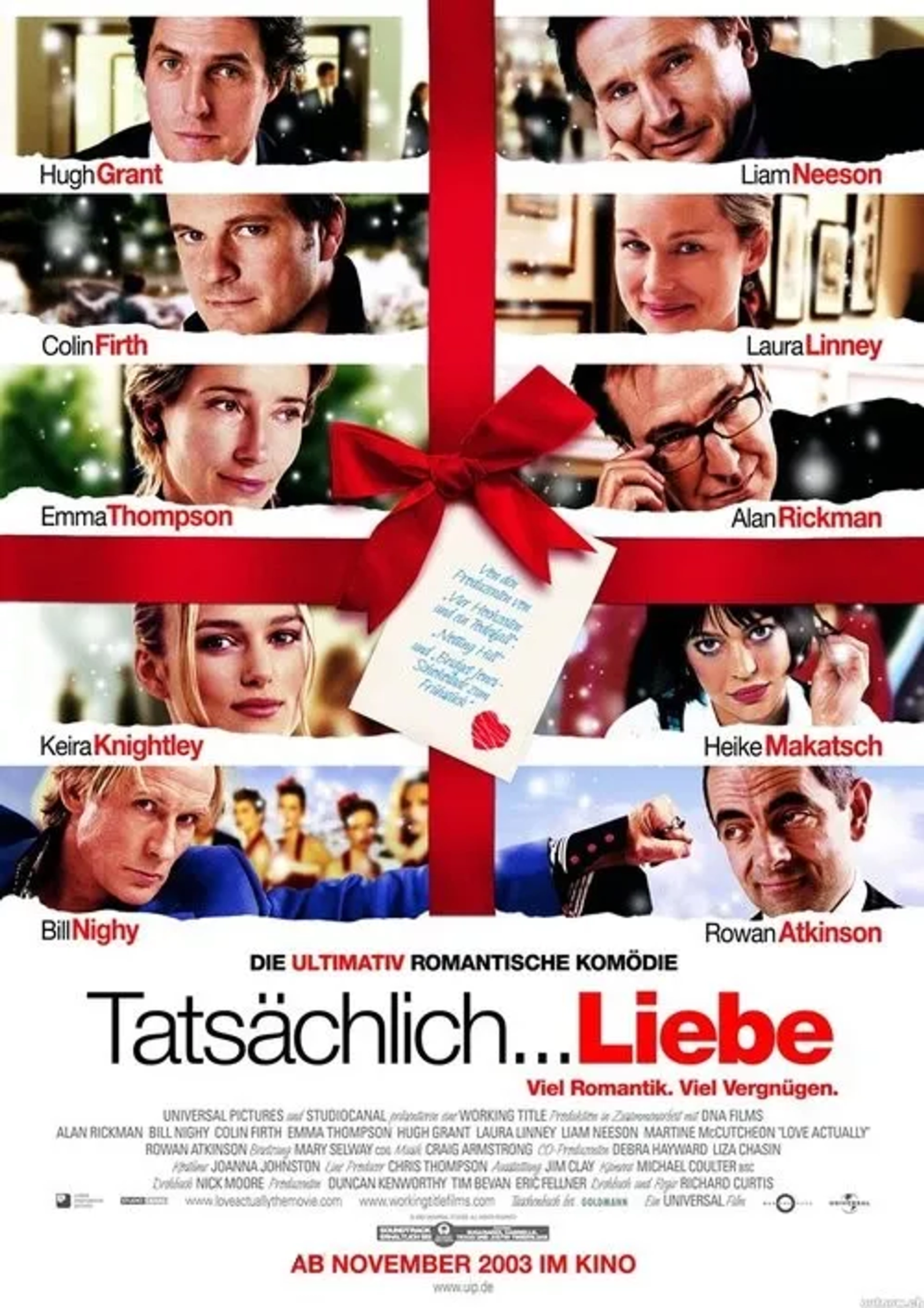 Rowan Atkinson, Colin Firth, Hugh Grant, Liam Neeson, Alan Rickman, Emma Thompson, Laura Linney, Keira Knightley, Heike Makatsch, and Bill Nighy in Love Actually (2003)