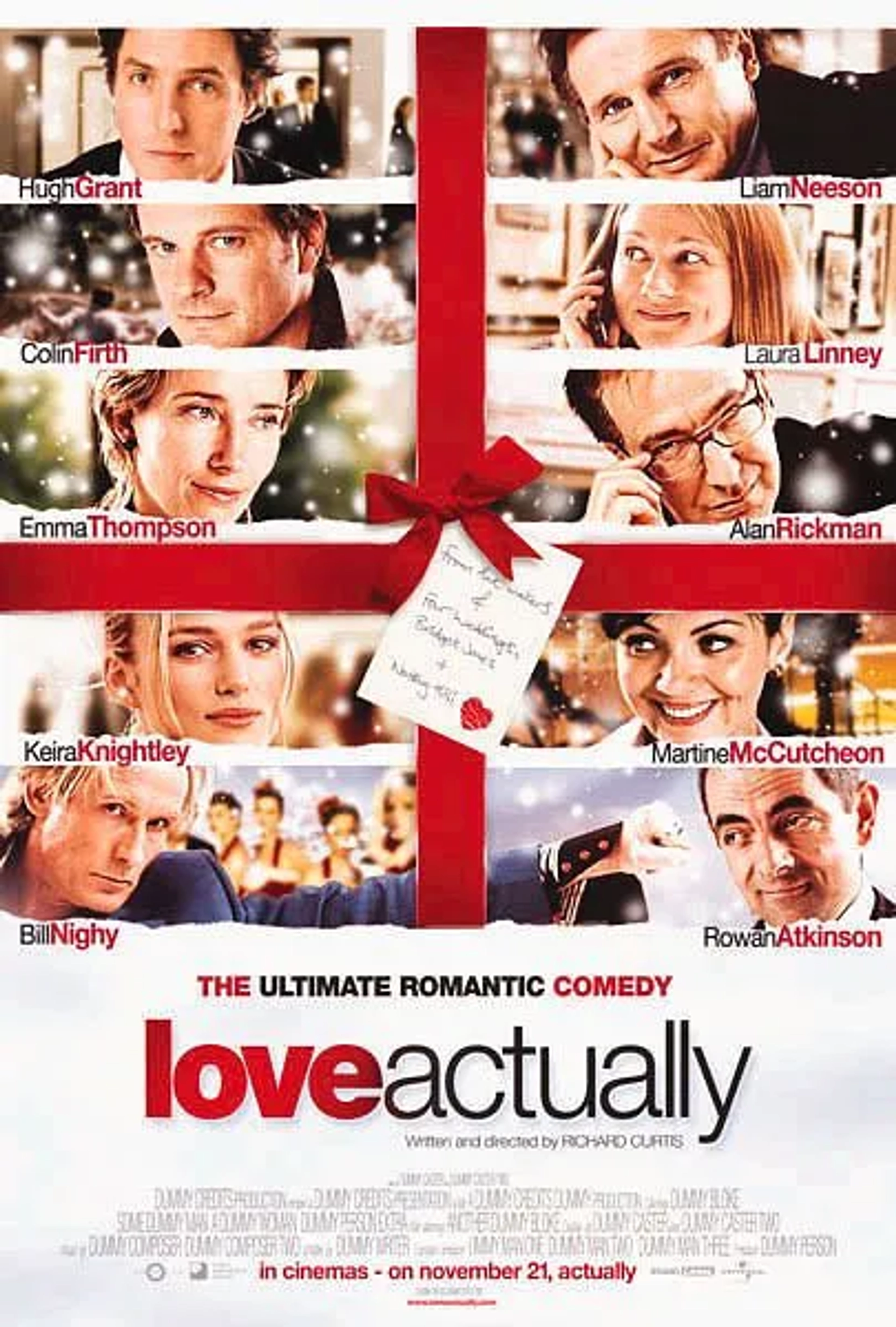 Rowan Atkinson, Colin Firth, Hugh Grant, Liam Neeson, Alan Rickman, Emma Thompson, Laura Linney, Keira Knightley, Martine McCutcheon, and Bill Nighy in Love Actually (2003)